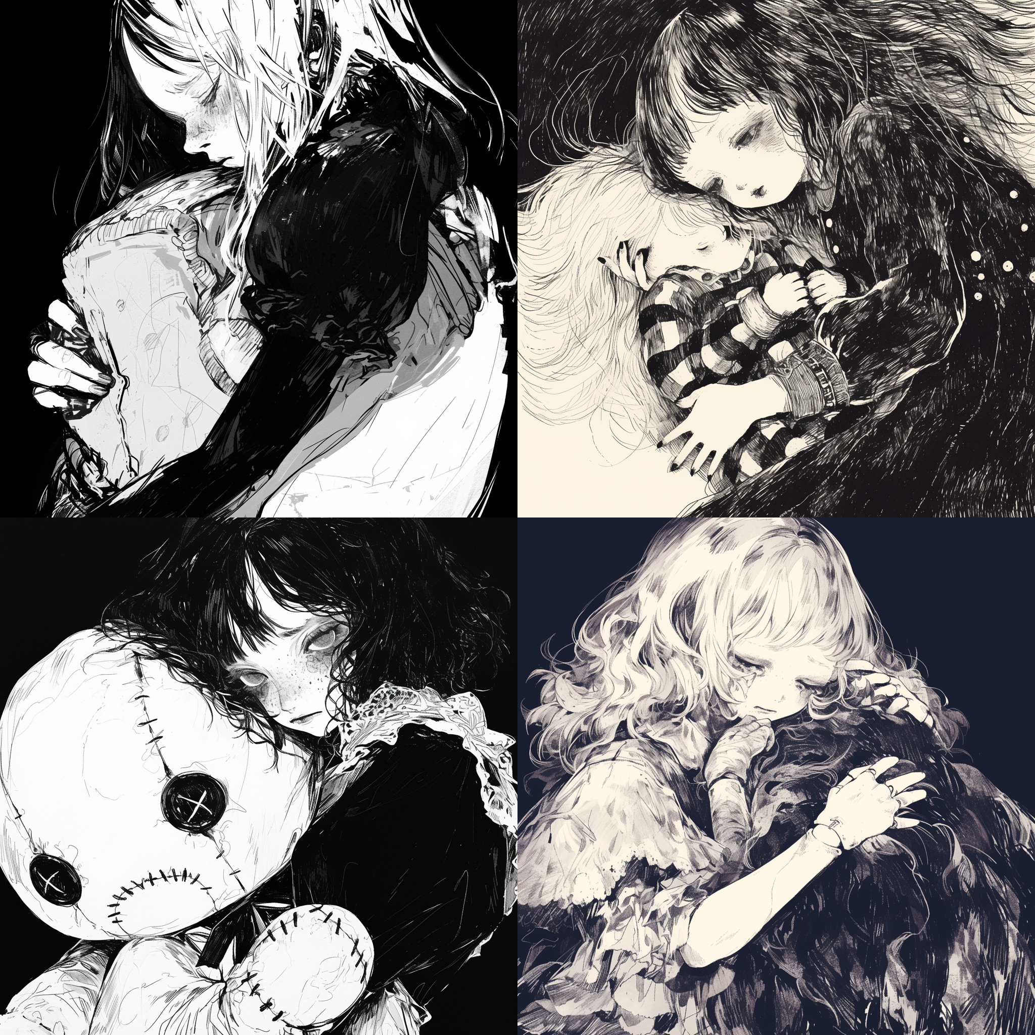 一个神秘的黑白钢笔插图，描绘着一个悲伤的女孩抱着她的大玩偶，细节丰富，情感凝重，复古风格，侧光打在脸上，细致线条，哑光效果，传达孤独和忧伤情绪。