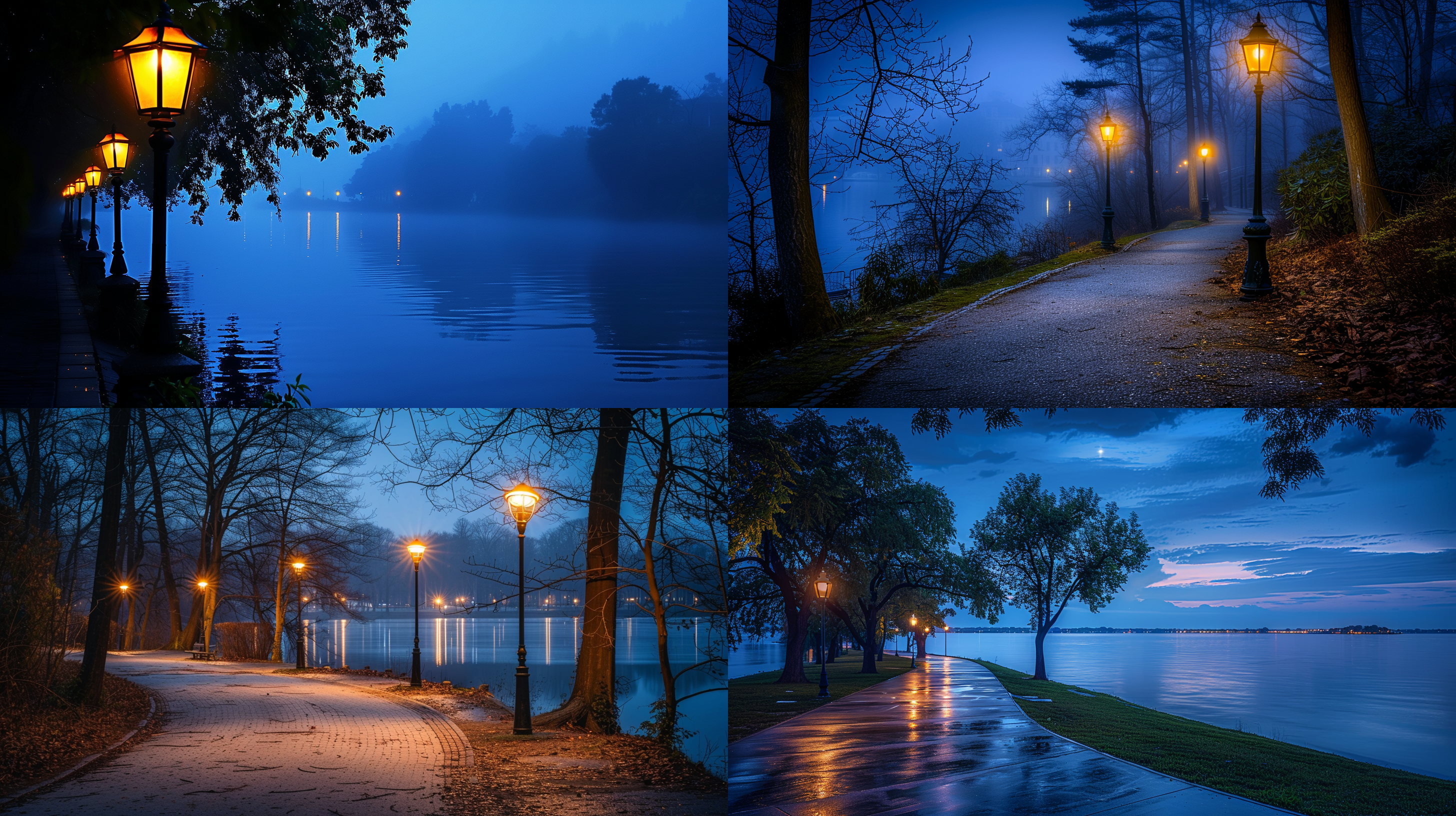 公园夜景，弯曲跑道，古典路灯，湖泊倒影，高清摄影，树林轮廓，幽暗灯光，静谧氛围，蓝色调，宁静安详。