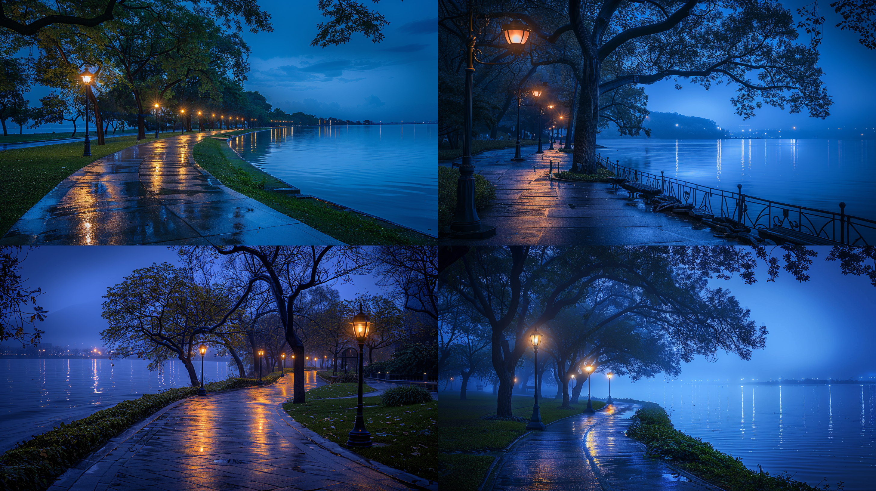 公园夜景，弯曲跑道，古典路灯，湖泊倒影，高清摄影，树林轮廓，幽暗灯光，静谧氛围，蓝色调，宁静安详。