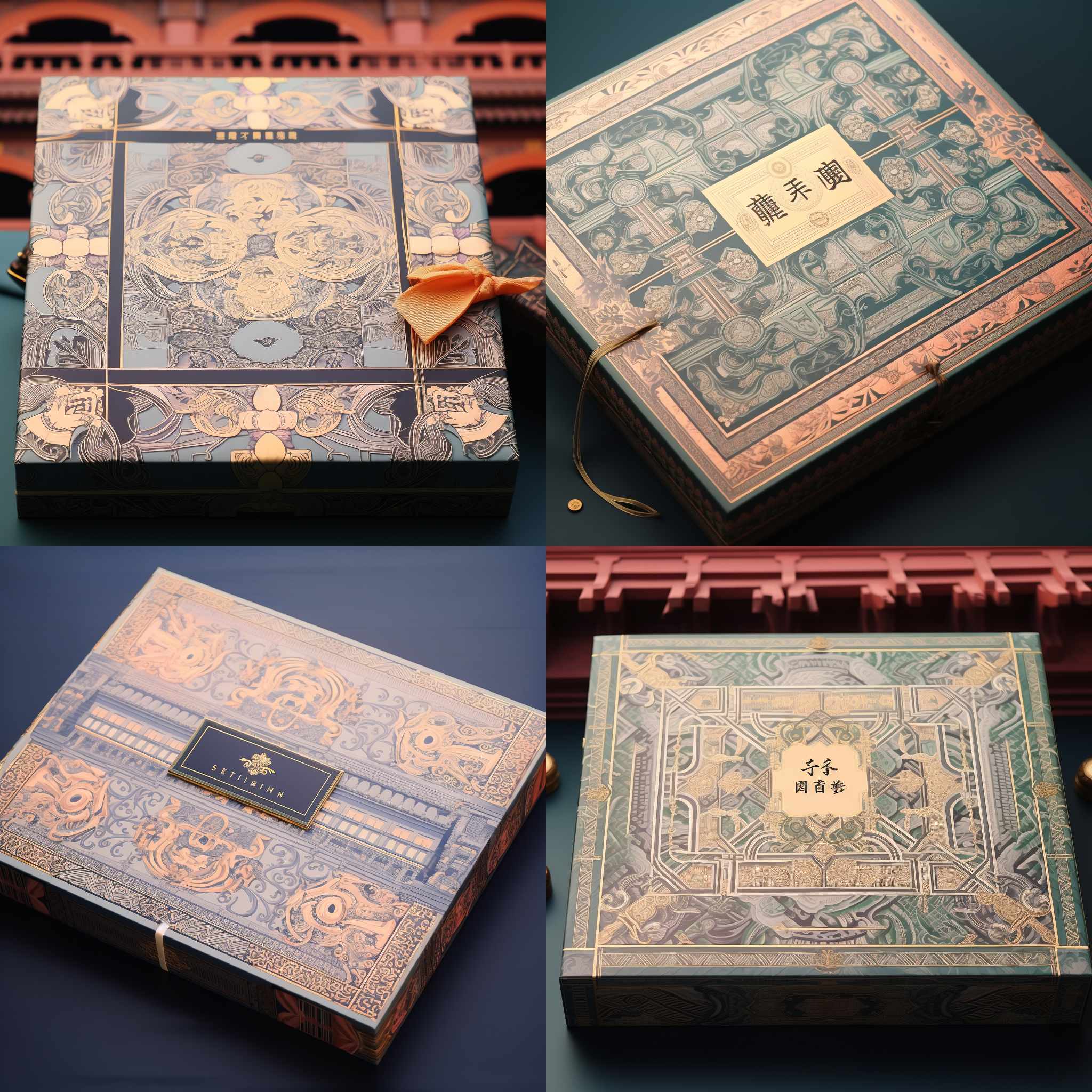 礼盒包装，传统纹样印制的盒盖，雅致国风背景，翻盖盒，实景拍摄，8k，黑色高级背景，烫金凸工艺，真实细节，纸质包装，细致。