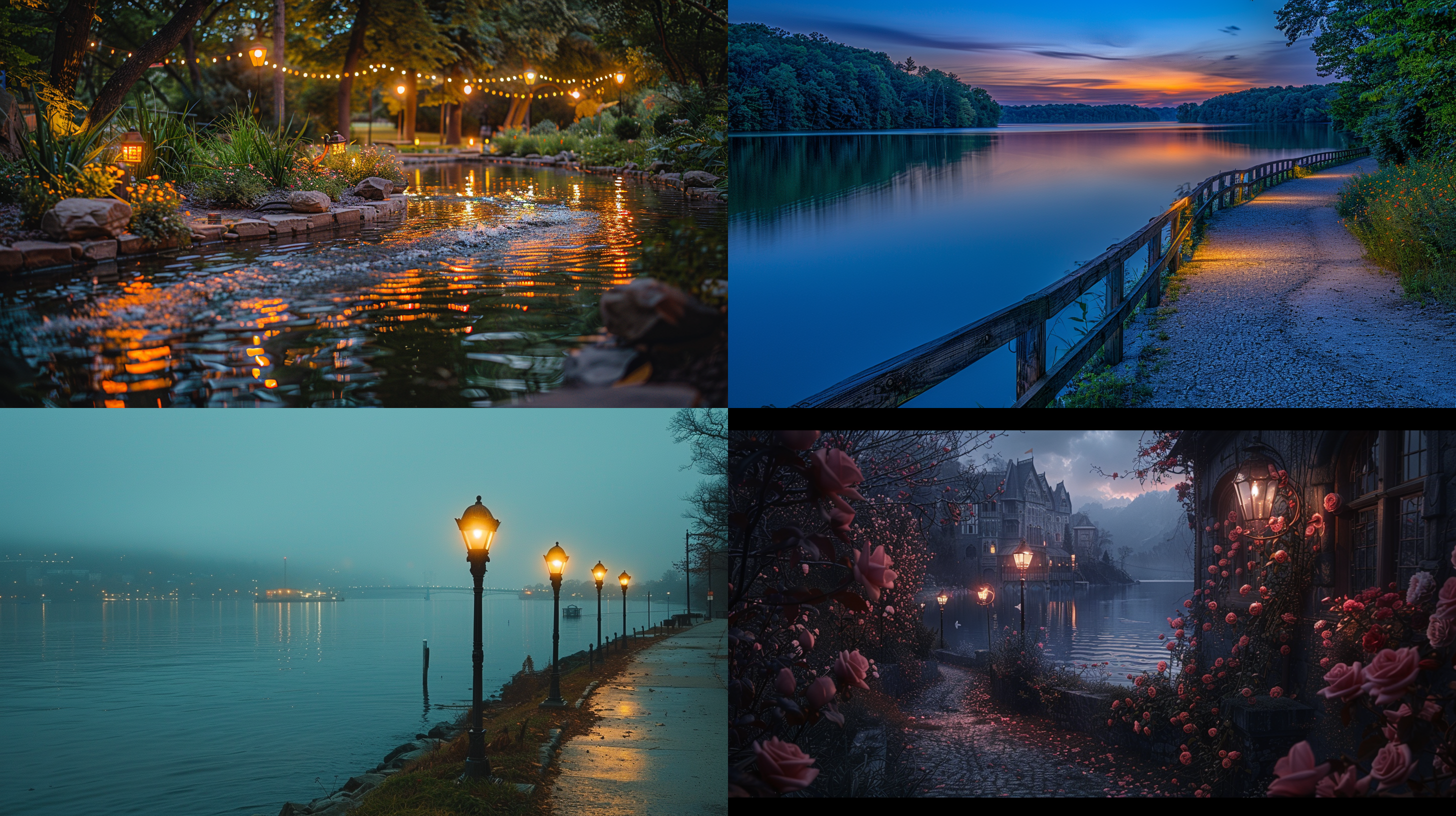 夜晚公园，弯曲跑道，古典路灯，湖泊远景，树林花朵，高清摄影，柔和灯光，宁静，自然，湖水倒影，暗调色彩，宁静。