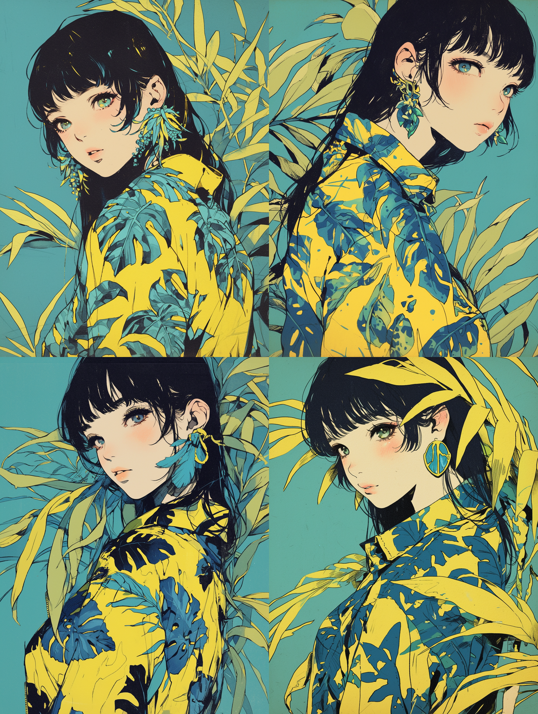 女性面部肖像，微胖，图形插画风格，平面简约，梦幻装置风格，青绿色，动态插画，难以置信的美丽，优雅的形象，浪漫的插画，大胆的阴影，3:4宽高比。