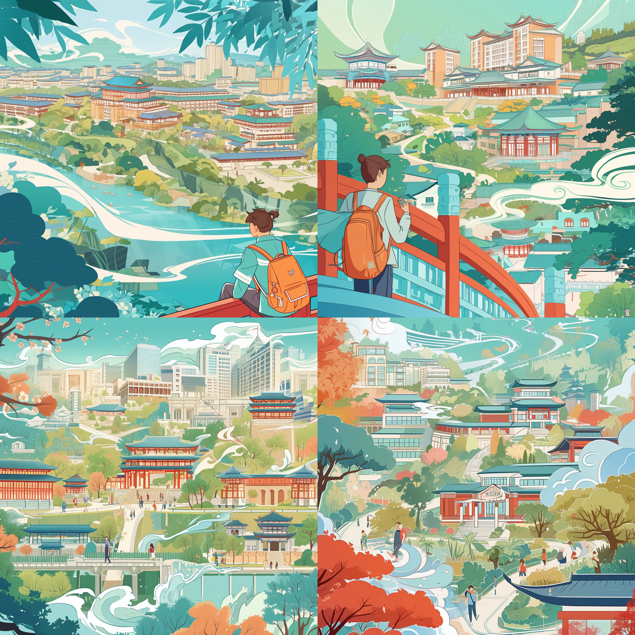 插画呈现桂林理工大学雁山校区标志性建筑，构图饱满，明亮的色彩，细节丰富。主角为学生，穿着校服，面带微笑，手持书包，背景是校园绿树成荫。使用手绘风格，线条流畅，表达出活力和青春。插画采用鸟瞰角度，透视感强，突出建筑特色。校徽、校名、校训等元素巧妙融入插画。