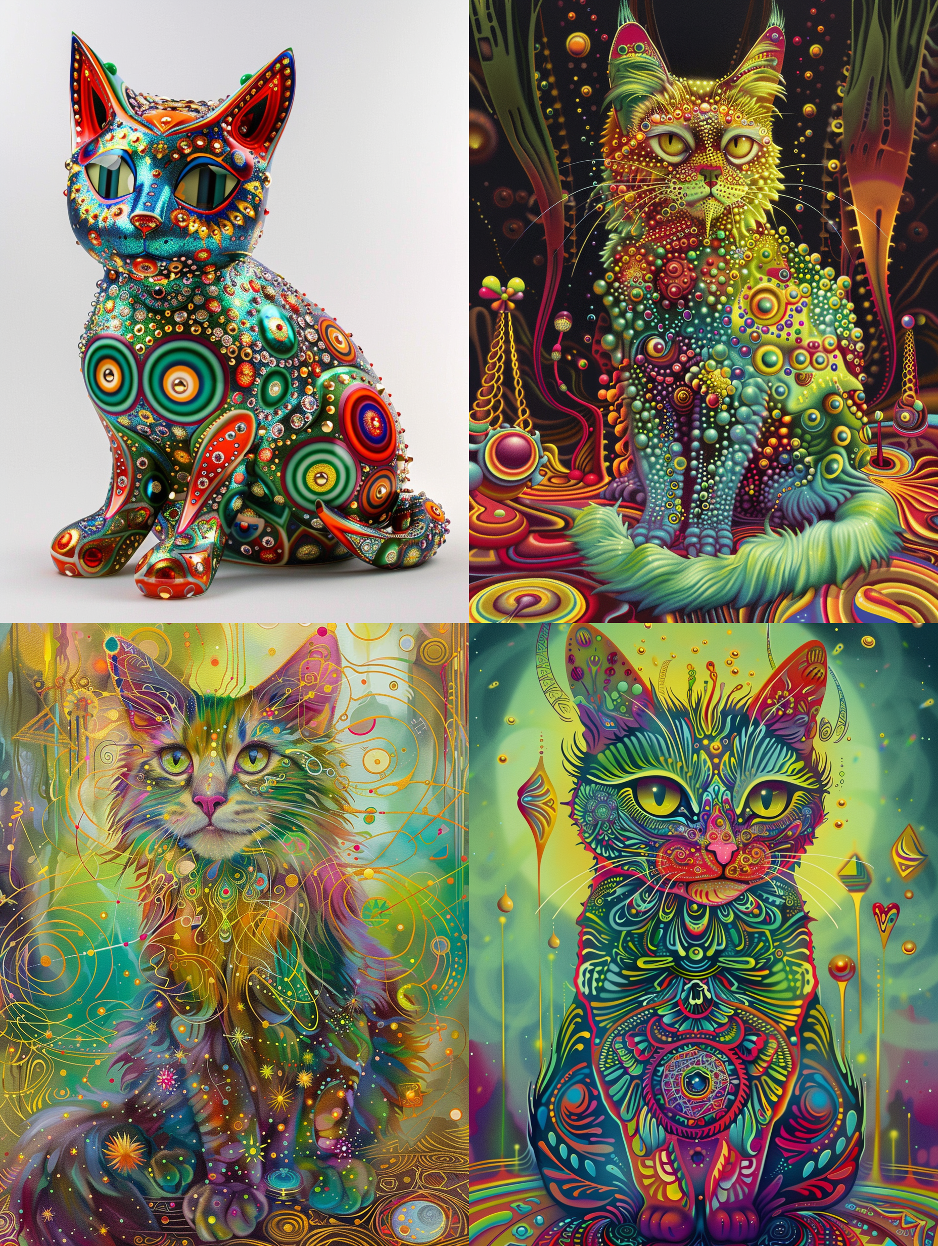 精心制作的奇幻猫的生动描绘，身披鲜艳的柠檬绿、樱桃红和天蓝色。量子点在它的毛发上跳舞，通过旋转的宇宙金色图案反映能级。构图包括珍珠般的露珠、折射衍射、铁磁流体动力学、不对称多面体玩具、华丽的线条描摹和复杂的细节，使人联想到阿卡西记录。视觉体验通过使用辛烷渲染增强，最终呈现出令人着迷的金色象形文字展示。