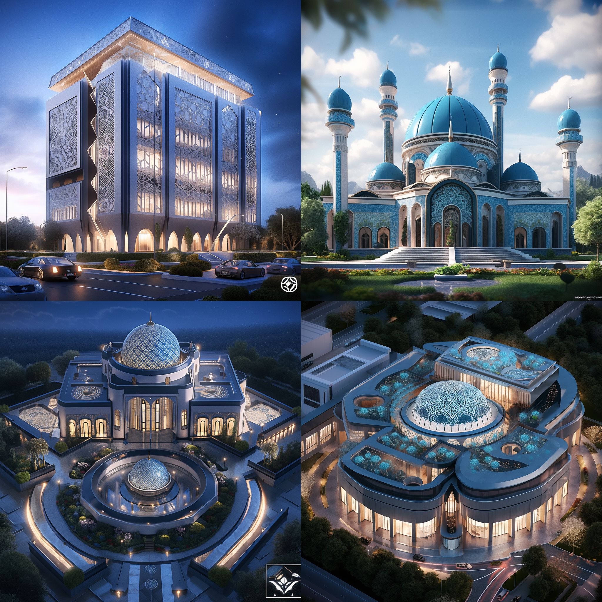 设计一栋中国西北宁夏伊斯兰风格的办公建筑；鸟瞰图；高清晰度；杰作最佳品质，梦幻建筑，新未来主义，水晶蓝，消失点构图，透视角度，3d建模，vray渲染，全景