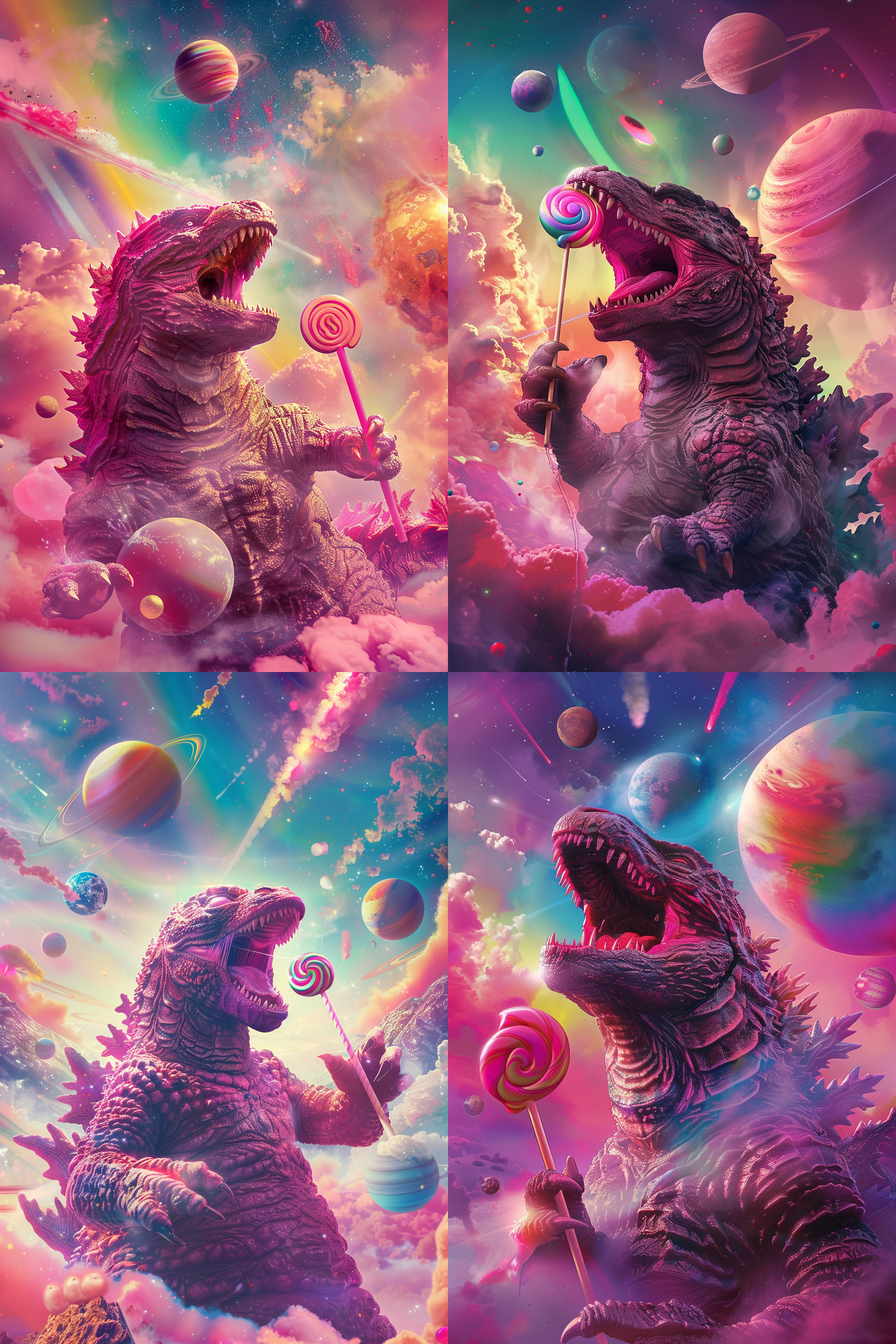 粉红哥斯拉，张嘴吃棒棒糖，彩虹宇宙背景，多行星，粉色氛围，巨大嘴巴，快门速度，广角镜头，活泼，夸张色彩，喜悦。