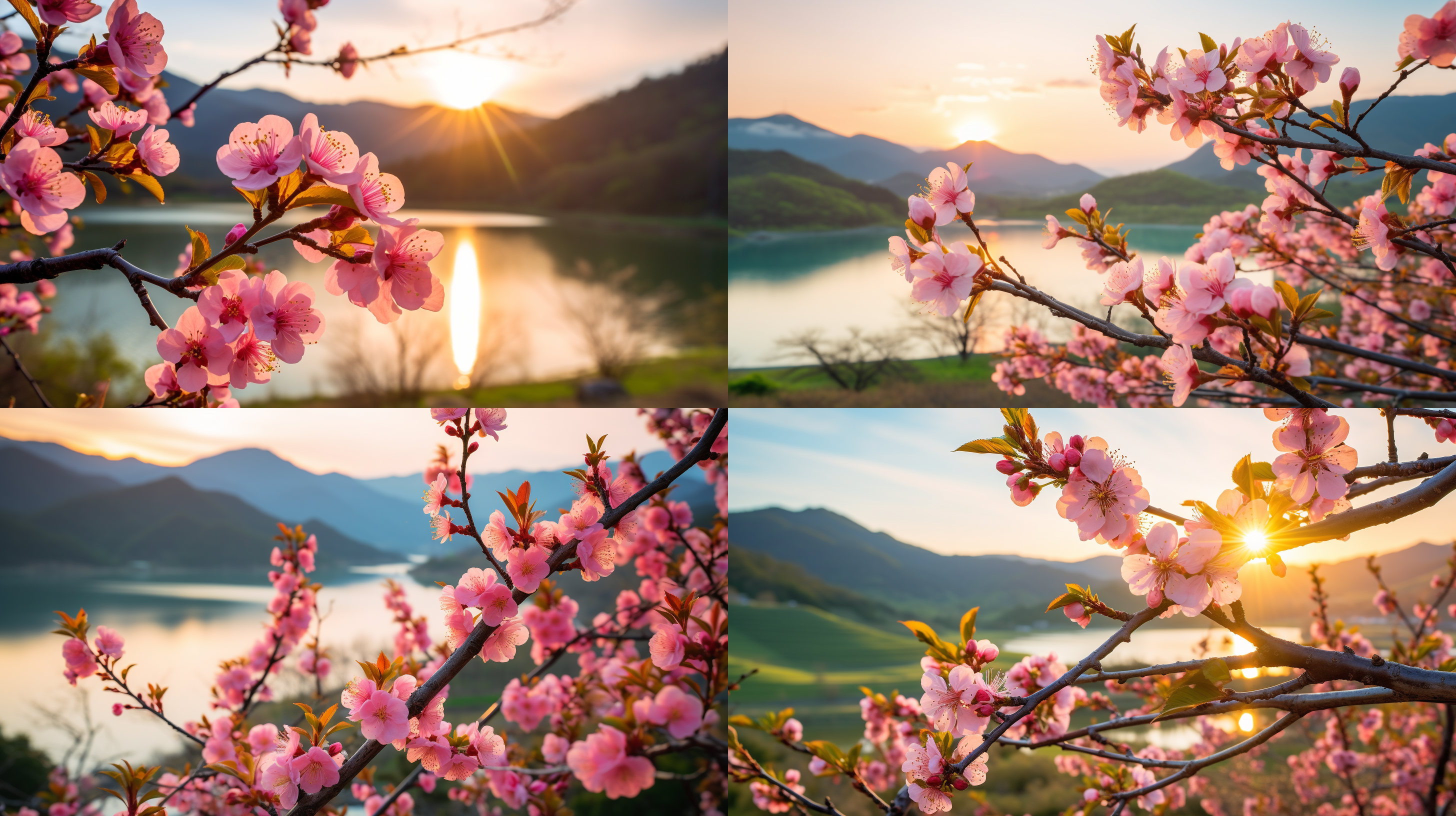 桃花盛开，绵延的桃林中，阳光透过树叶洒在粉色花海上，春风轻拂花瓣，落英缤纷。远处是青山绿水，湖泊映衬着桃花的美丽。景深浅，大光圈，柔和色调，自然风光，悠闲气息，温暖情绪。