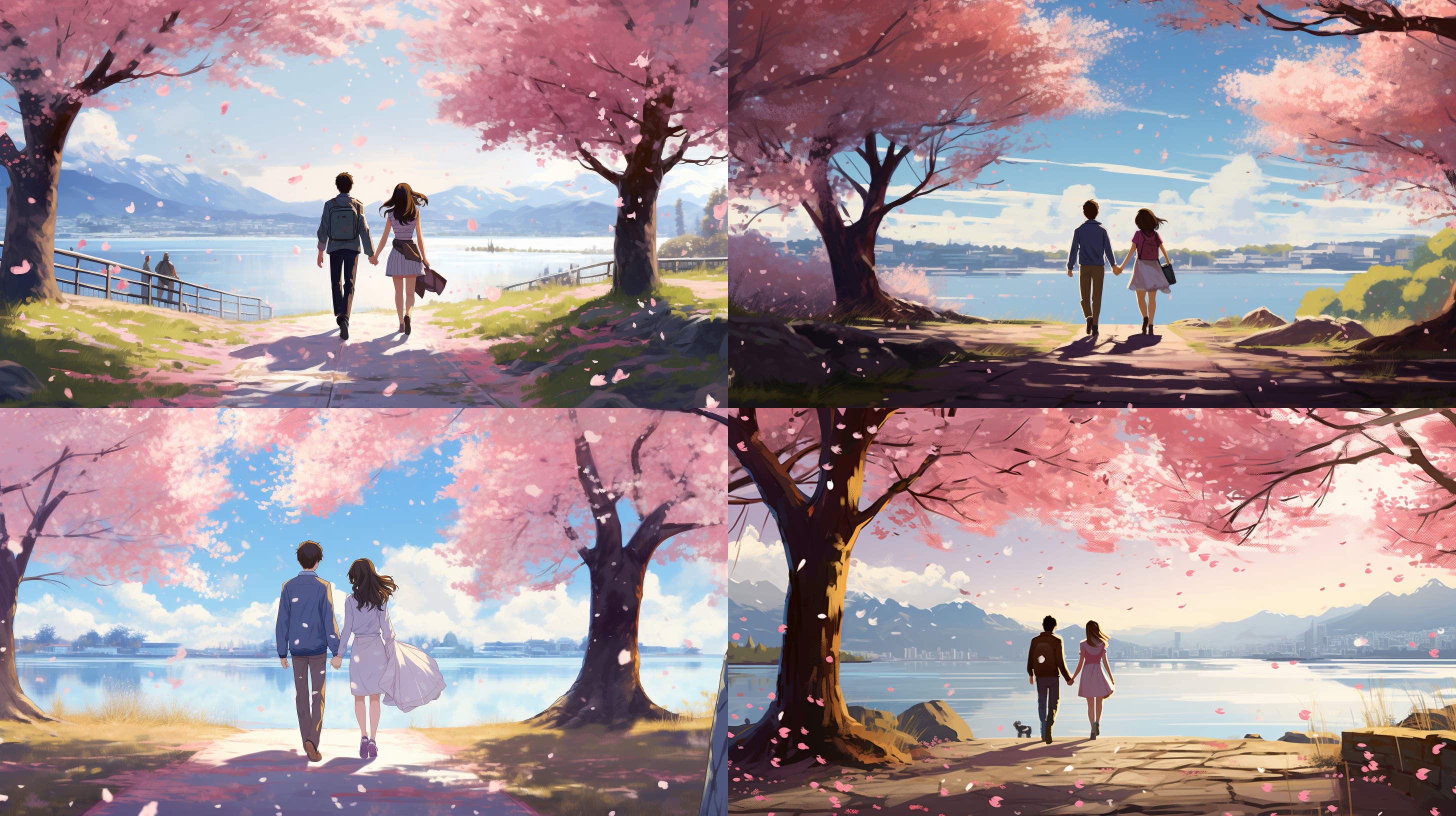 一片樱花树林里，阳光透过树叶洒在地面上，春风吹拂着嫩绿的草地。一对年轻情侣手牵手走在小径上，笑容灿烂，眼神中充满了幸福和希望。远处的湖水波光粼粼，春天的气息弥漫在空气中。樱花，恋人，阳光，湖水，幸福，希望，春风，小径，草地，笑容。