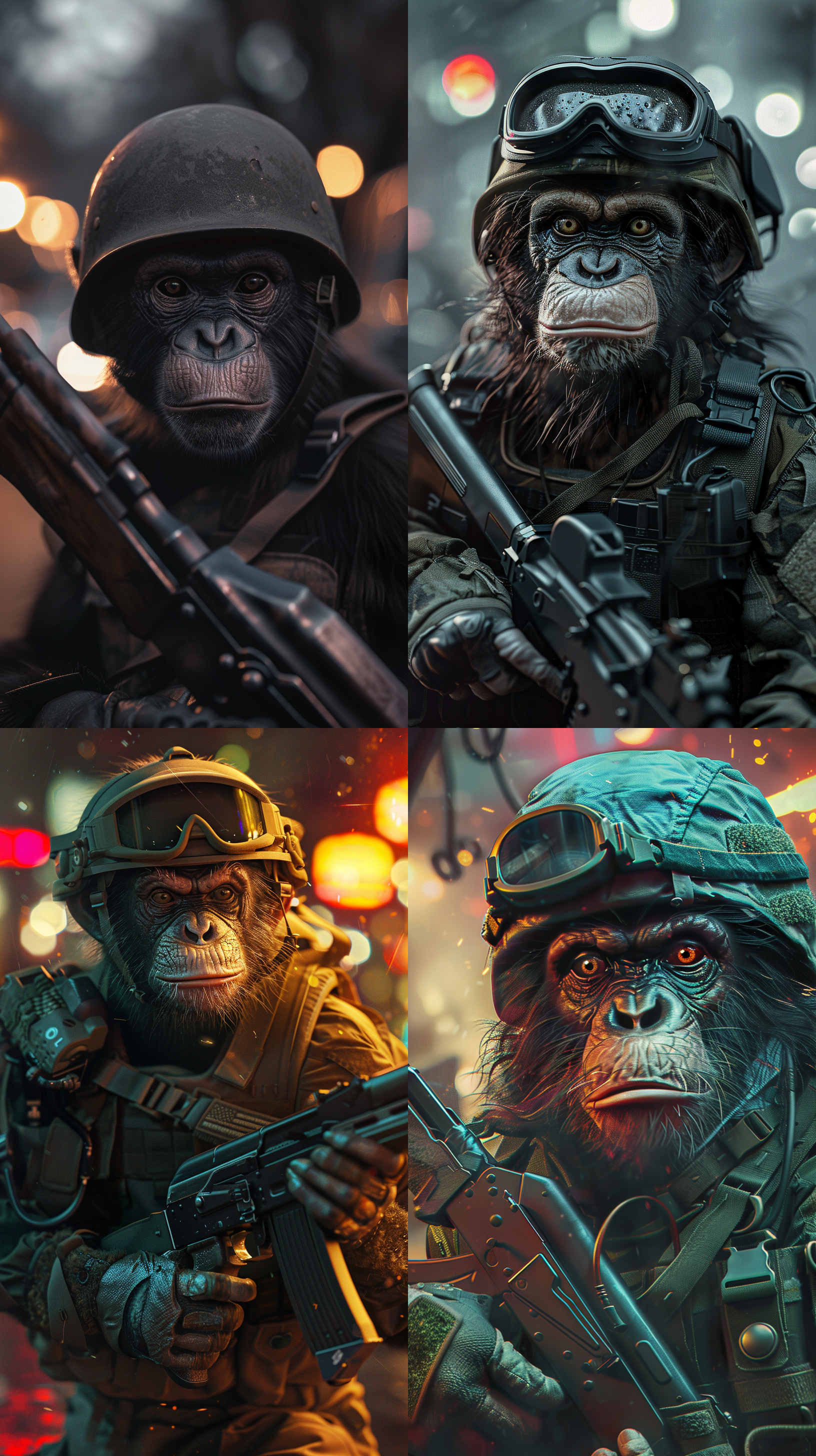 猴穿军装，钢盔，ak47，迈步，街道，锐利眼神，特写，柔光，活力，夜晚，灯火通明，冷色调，高对比度。
