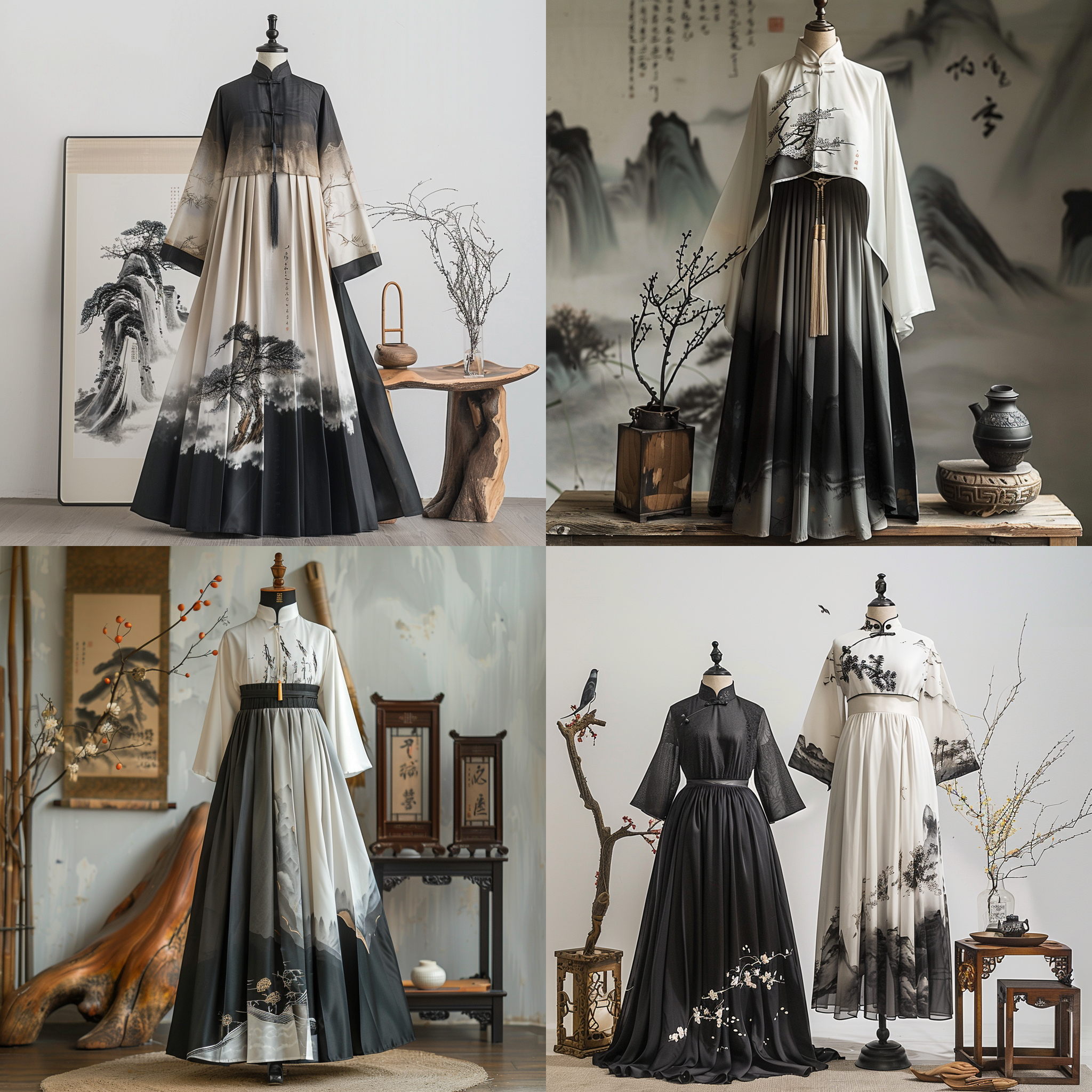 新中式服装设计，水墨画元素，立领上衣，宽松长裙，丝绸面料，黑白灰色搭配，暖色调，木质玉质饰品，传统与现代融合，东方韵味，现代感，时尚服饰。