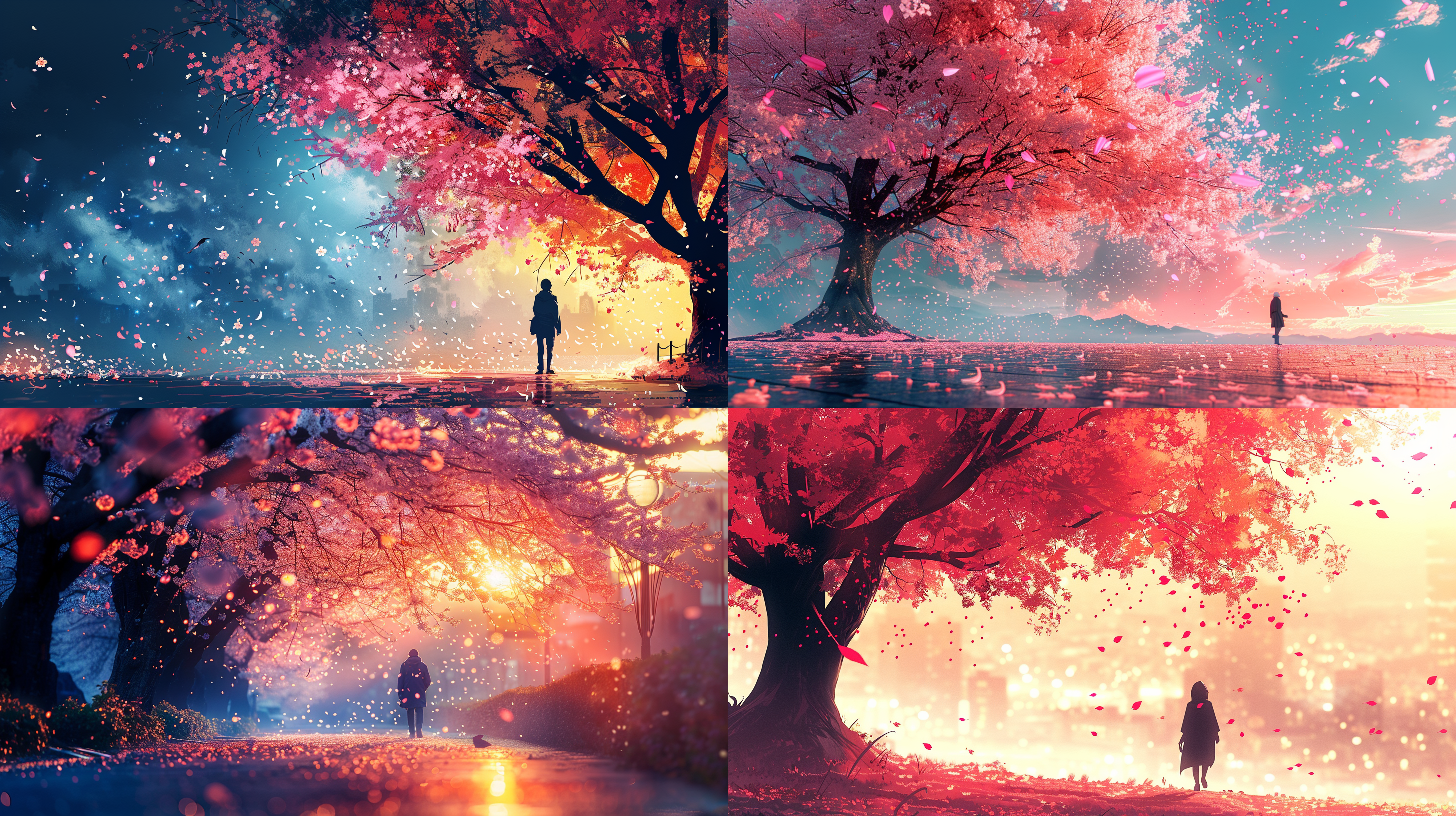 樱花树，飘落，校园，漫步，超细节，风景图，背影，全景，独奏，色彩绚丽的，高饱和，