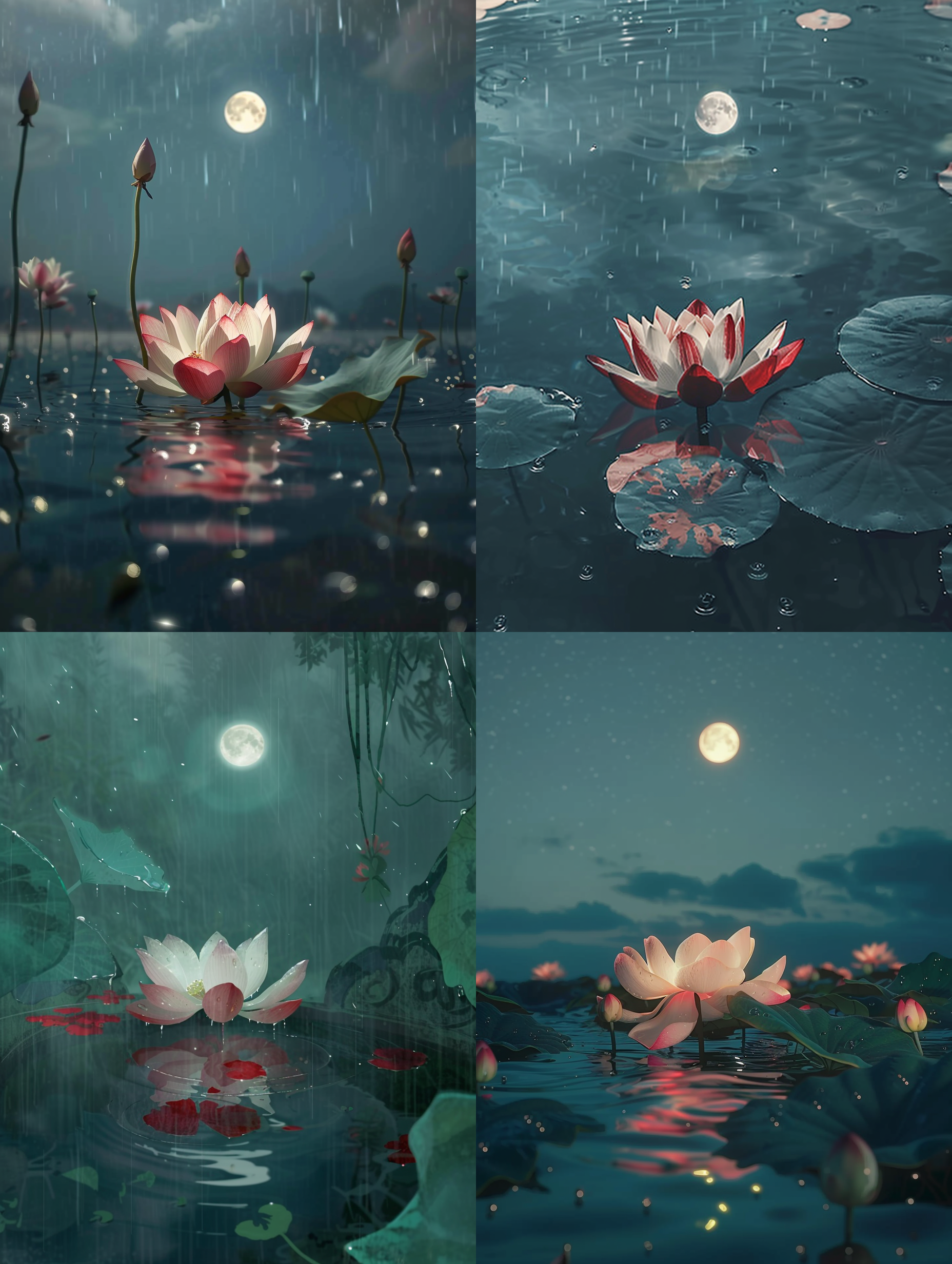 鱼眼镜头下的荷塘，红白相间的荷花，满月，没有人，雨滴串串，睡眠涟漪，写实风格，高分辨率画面，唯美主义，一点红色，细致细节，8k。