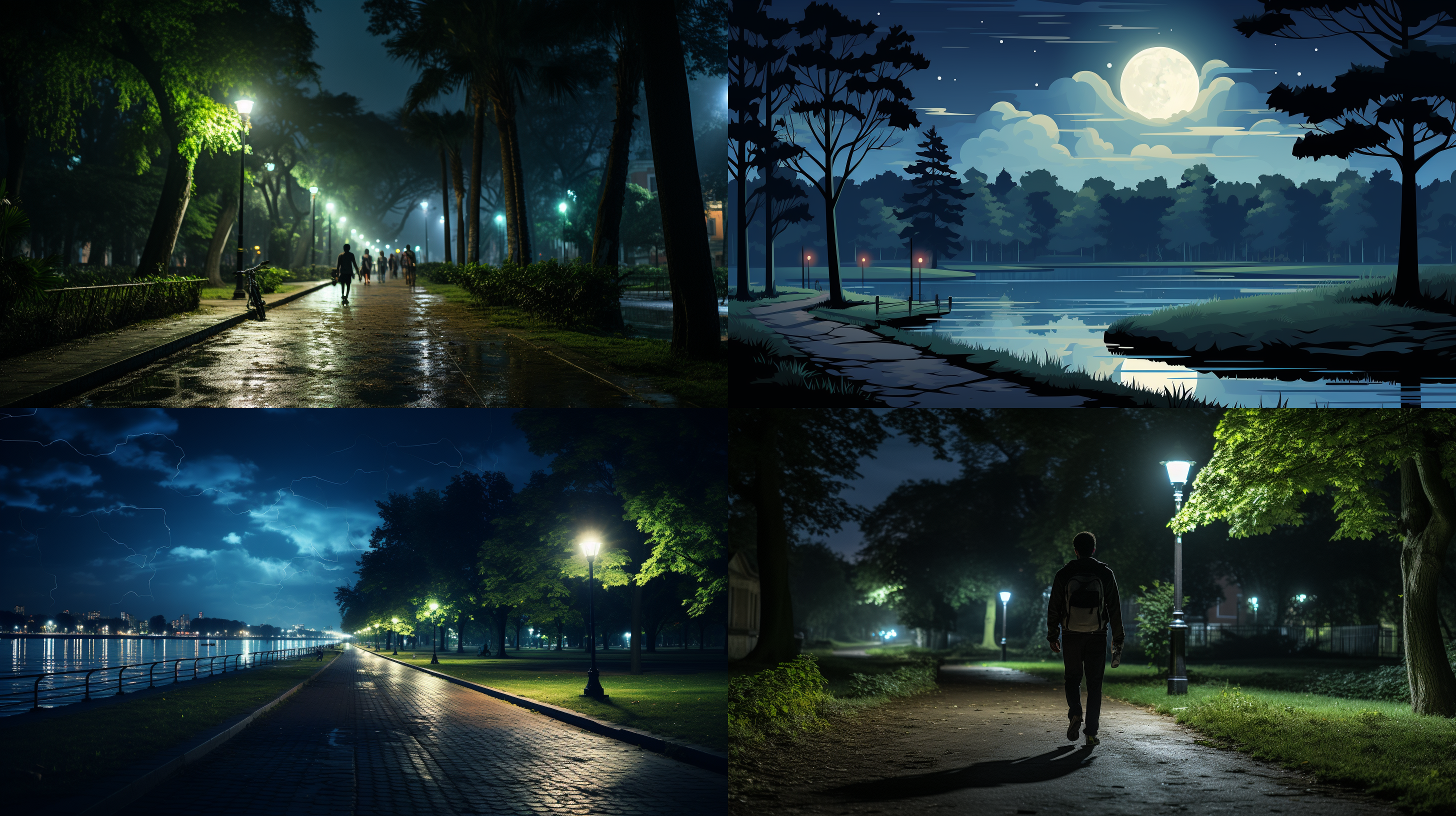 夜晚公园绿色跑道,亚洲小伙子跑步,树林,路灯,湖泊,清晰轮廓,运动服,镜头光斑,湛蓝色调,挥洒汗水,健康活力。