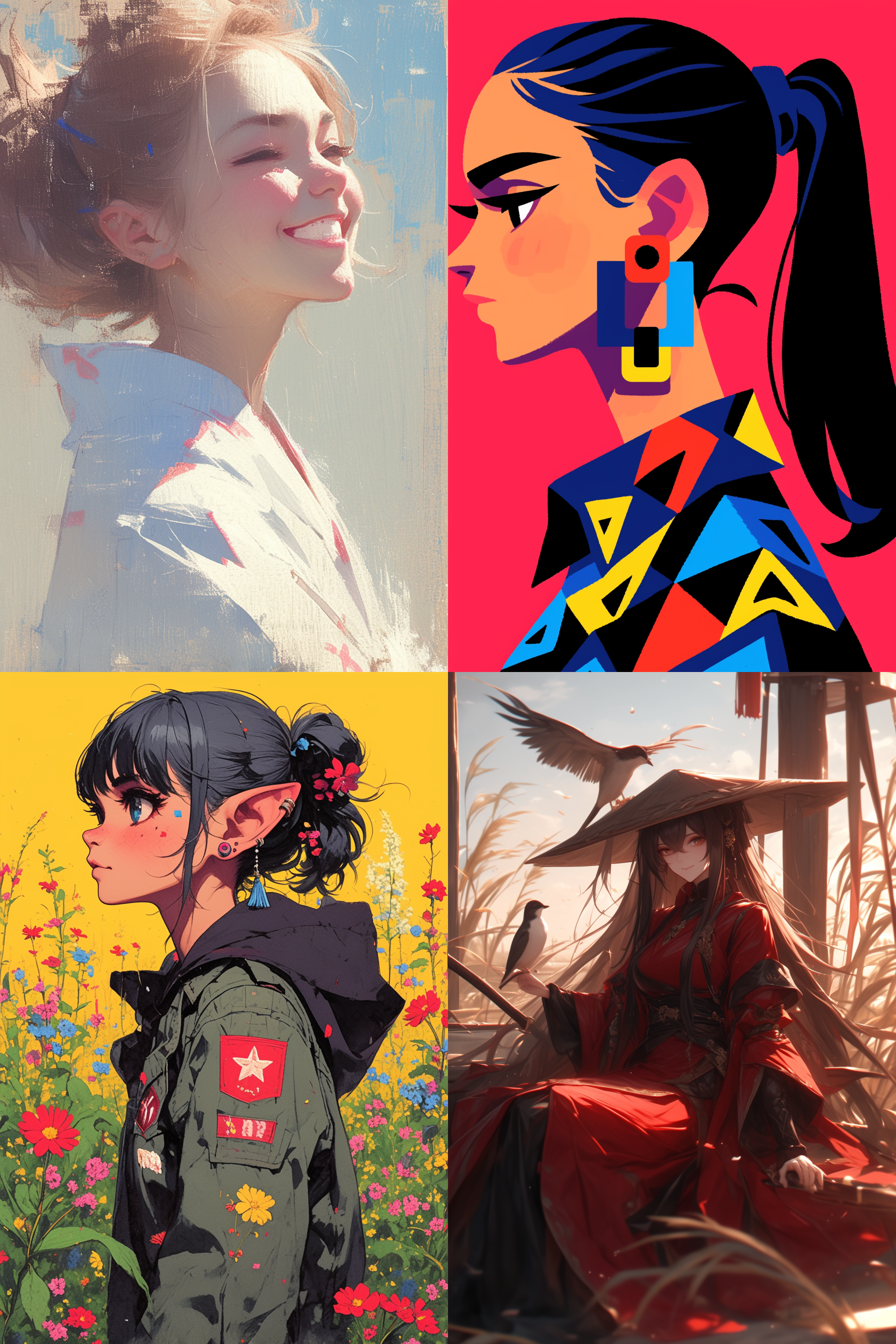 欢乐的小花旦，极简风格，侧面照，嘴角含笑，欢乐，舒畅，风姿卓越，红色，黑色，蓝色，黄色，颜色鲜艳，栩栩如生的角色设计，中国画风