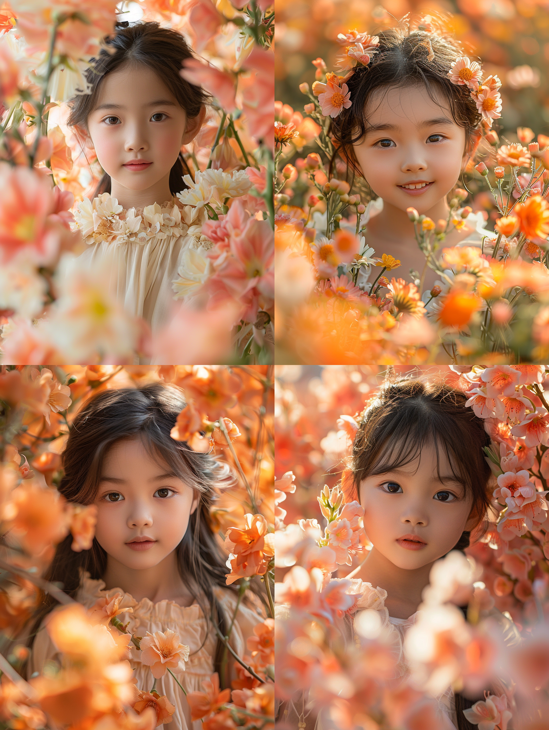 亚洲女孩，喇叭花上，梦幻场景，明亮光线，童话色调，微笑，童话风格，8岁，花朵环绕，暖色调，自然光，欢乐，天真。