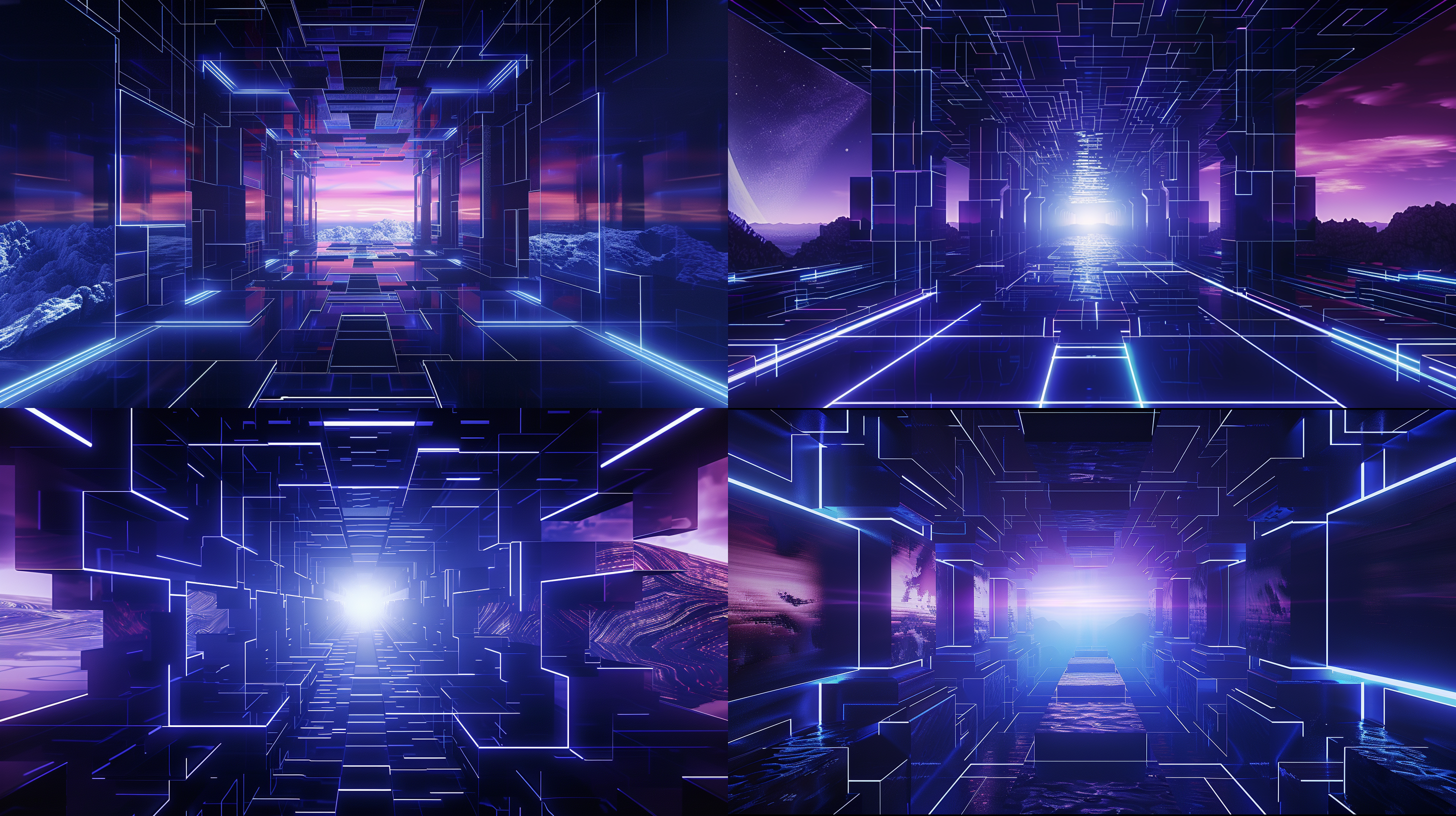 3d illustration and space frame, in the style of retrowave, dark indigo and silver, interactive installation, minimalist illustrator, passage, illusory landscapes, tumblewave