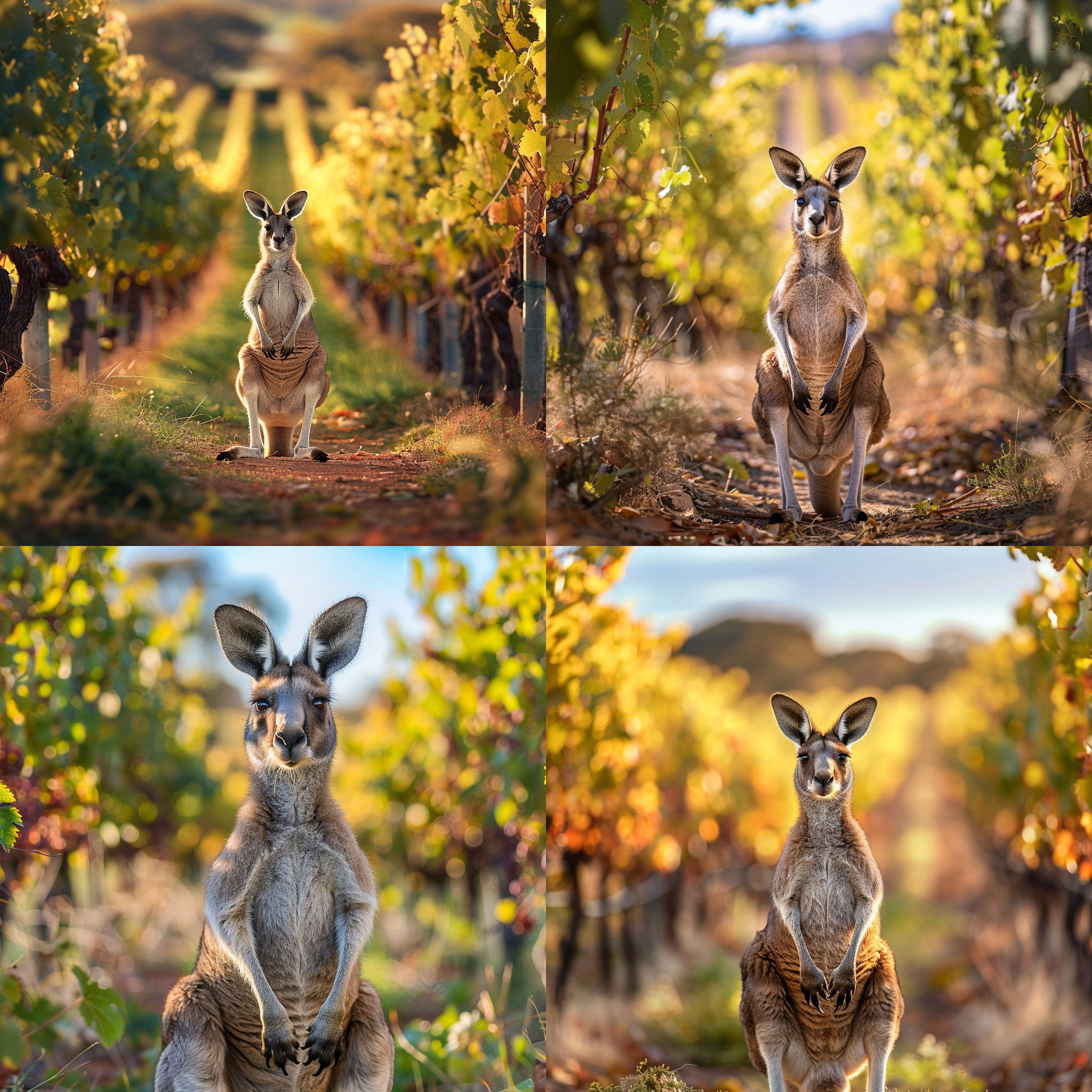 袋鼠正面全身，50%画面高度，葡萄树环绕，乡村小路，背景模糊，蓝天，阳光，高清画质，真实细节, 野生动物摄影, 自然风光, 佳能相机, 镜头焦距, 自然光, 温暖色调, 欢快, 自然。