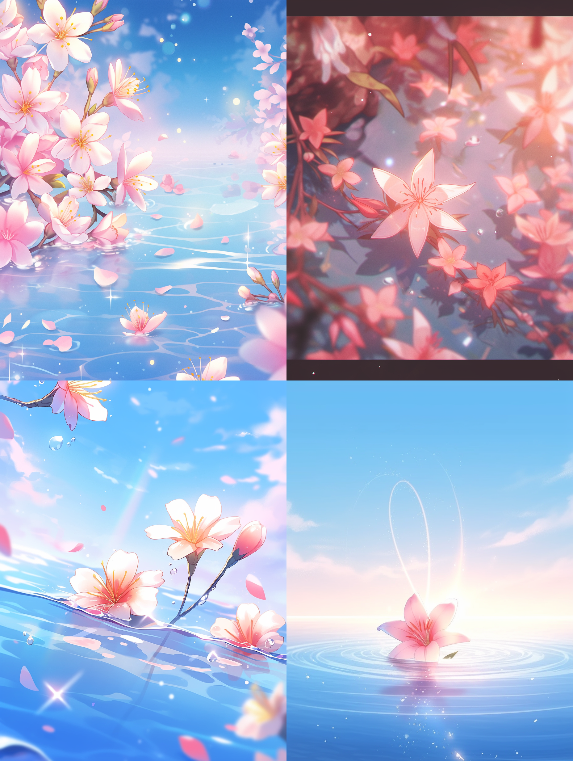 粉色桃花飘落水面，涟漪，唯美主义，鱼眼镜头，写实风格，高分辨率画面，精致的细节，8k。