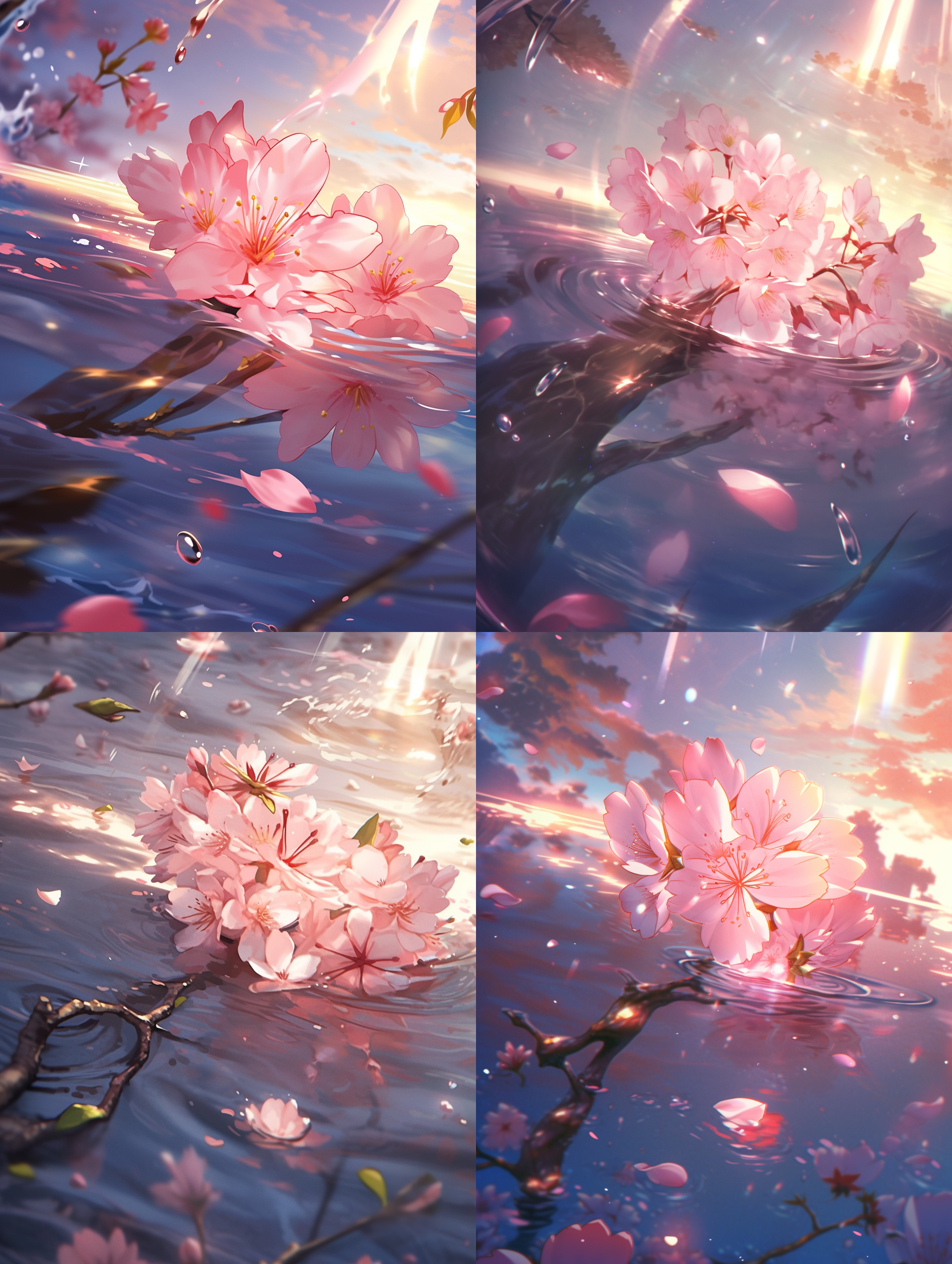 粉色桃花飘落水面，涟漪，唯美主义，鱼眼镜头，写实风格，高分辨率画面，精致的细节，8k。