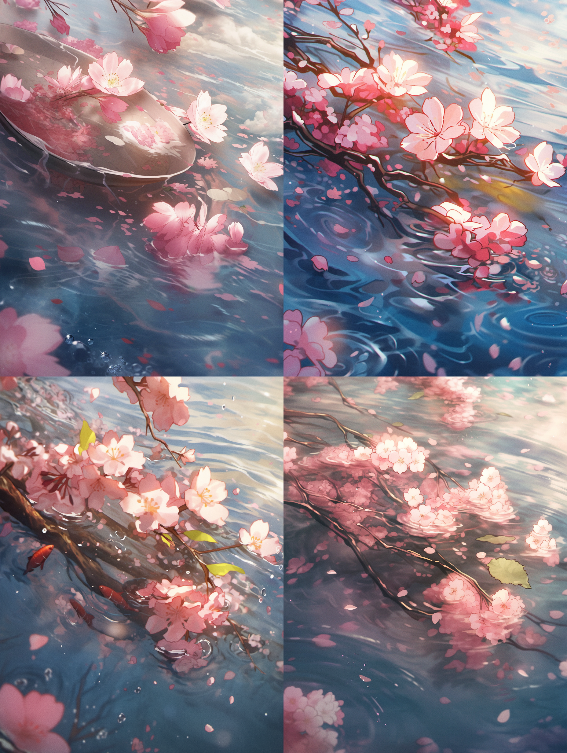 粉色桃花飘落水面，涟漪，唯美主义，鱼眼镜头，写实风格，高分辨率画面，精致的细节，8k。