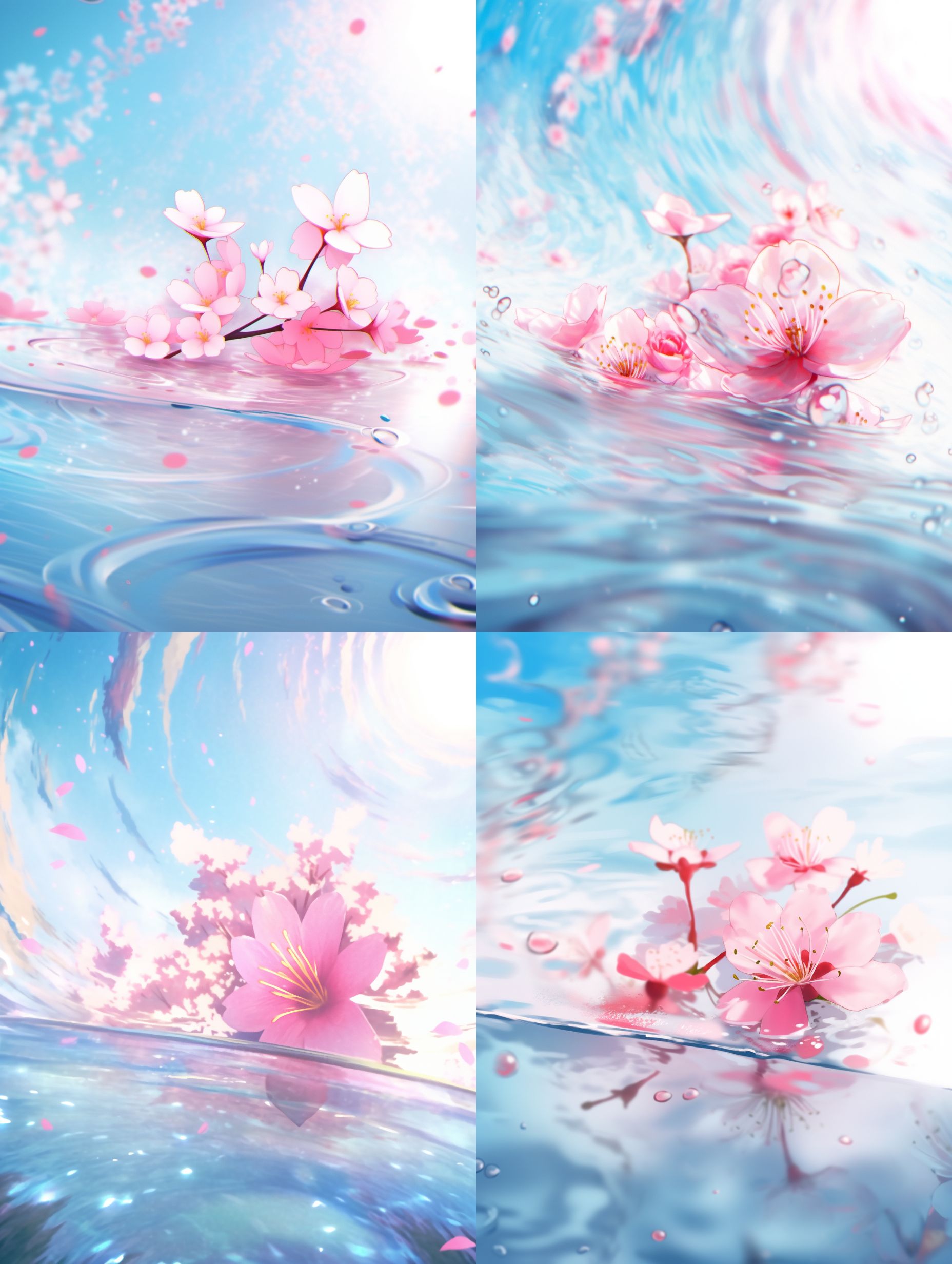 粉色桃花飘落水面，涟漪，唯美主义，鱼眼镜头，写实风格，高分辨率画面，精致的细节，8k。
