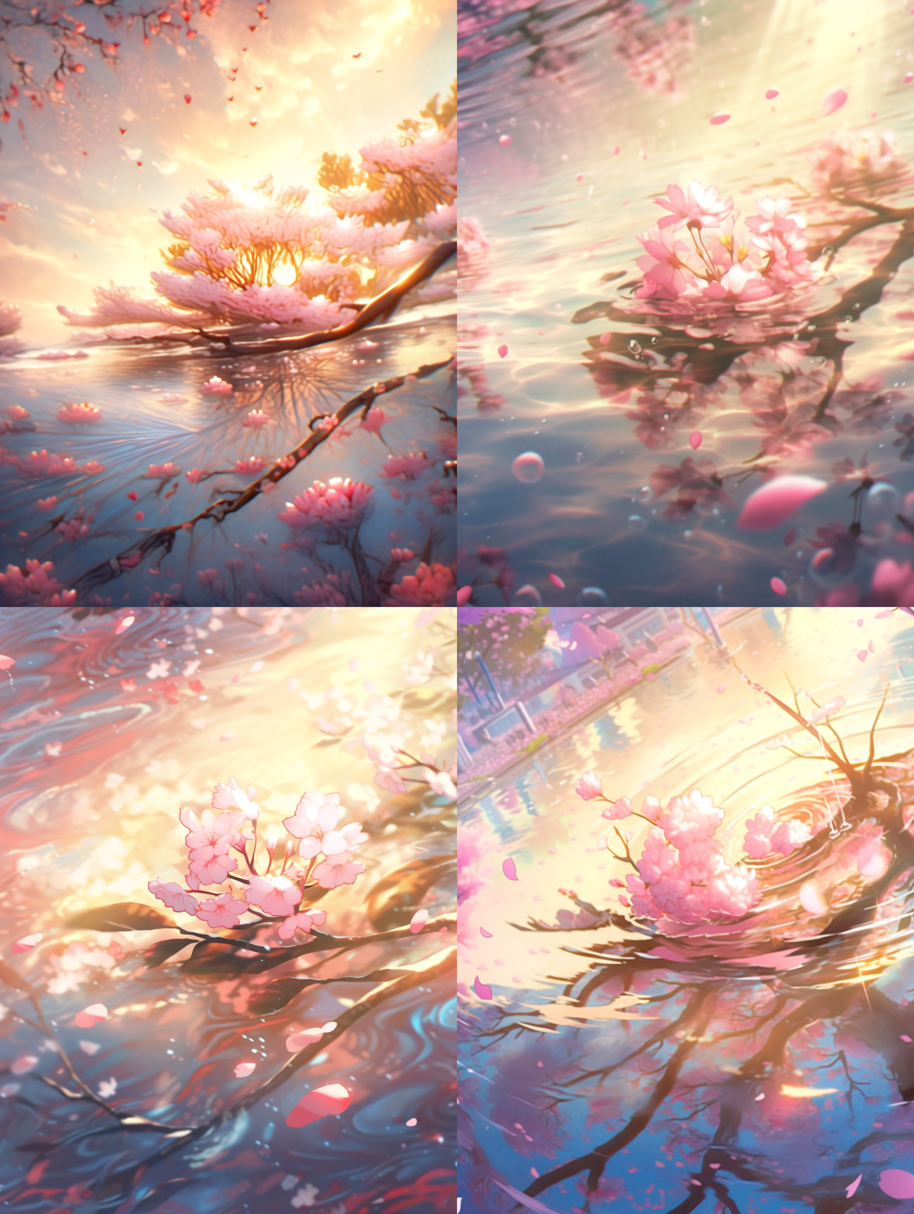 粉色桃花飘落水面，涟漪，唯美主义，鱼眼镜头，写实风格，高分辨率画面，精致的细节，8k。