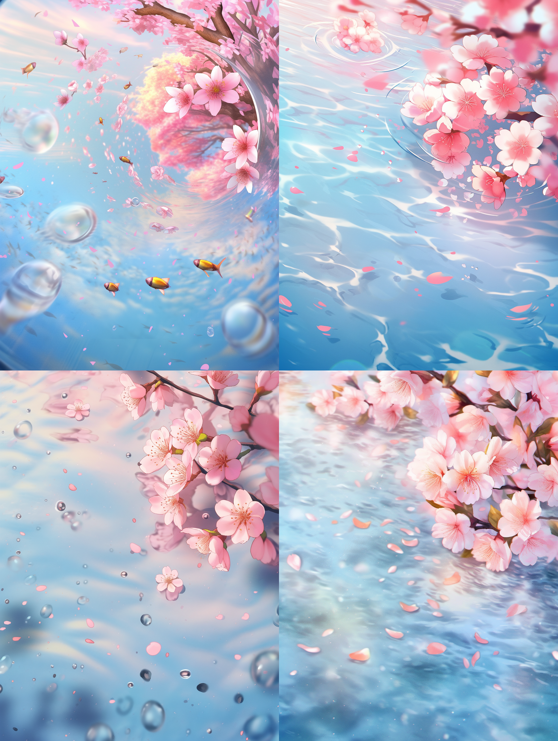 粉色桃花飘落水面，涟漪，唯美主义，鱼眼镜头，写实风格，高分辨率画面，精致的细节，8k。