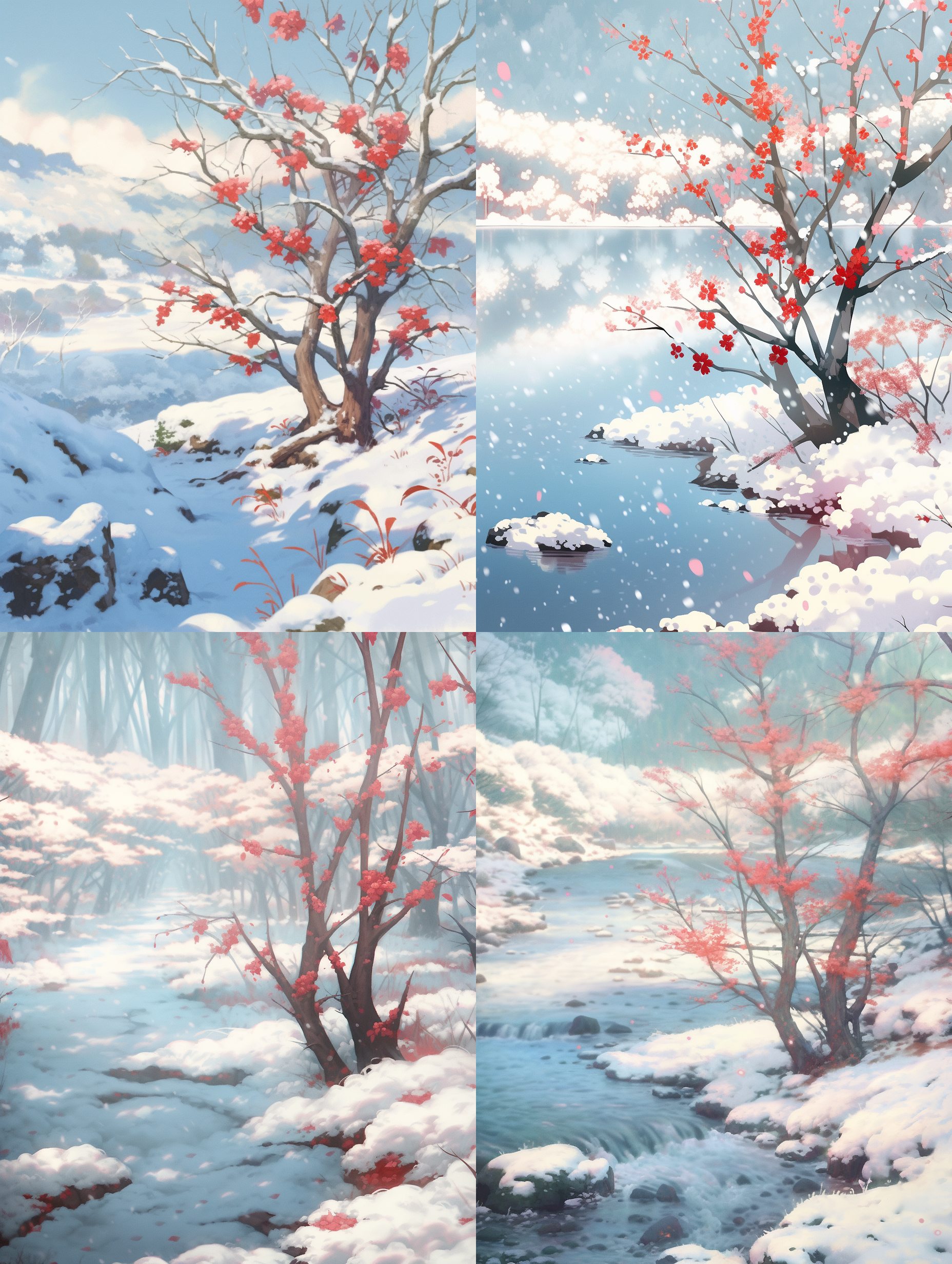 鱼眼镜头下的红梅，林间雪景，飘雪，写实风格，高分辨率画面，唯美主义，（（红色）），细致细节，8k，树叶纷落，雨水串串。