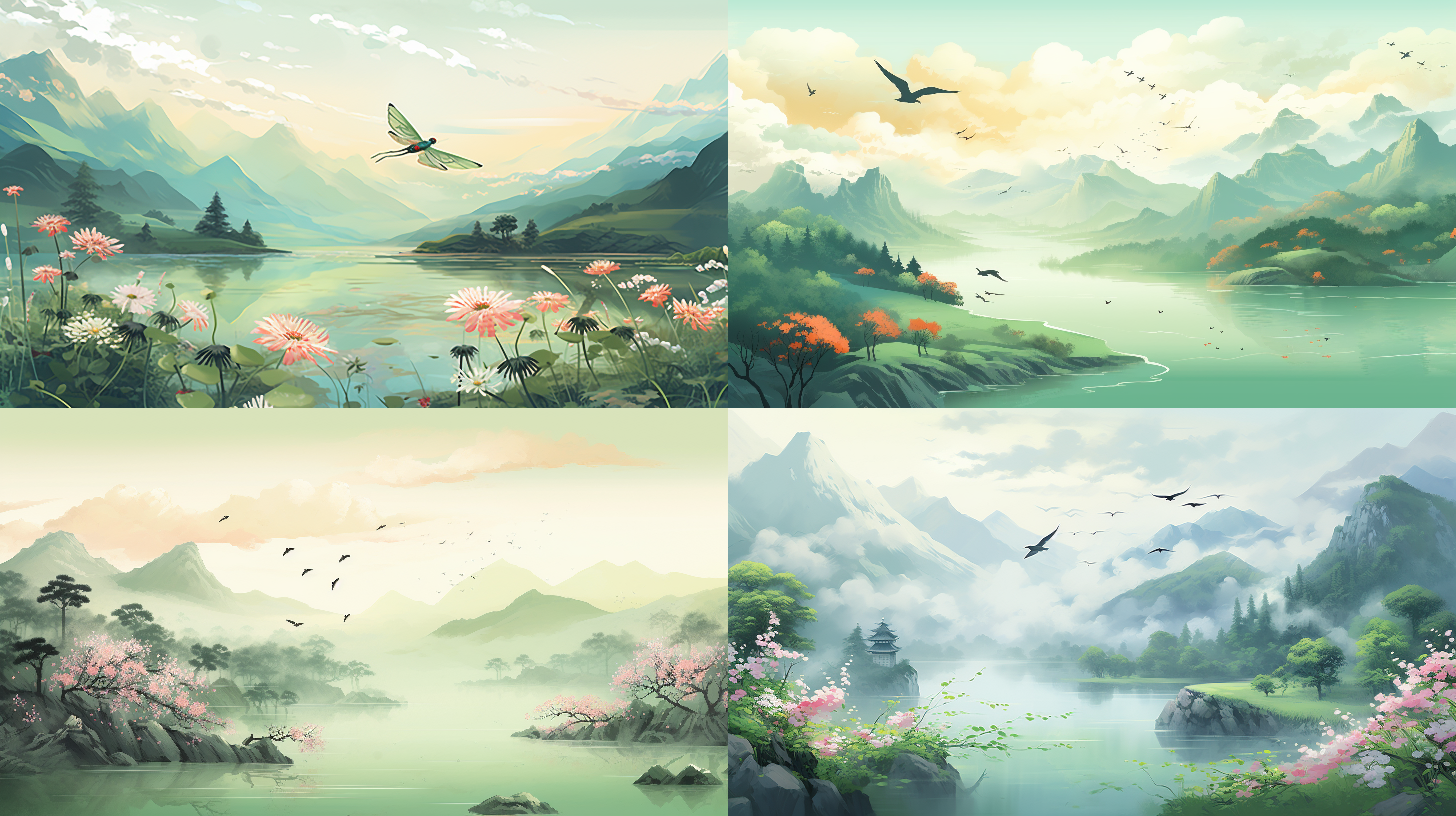 清明节山上的燕子，小溪旁盛开的花朵，春雨洗净大地。插图风格，平面设计，柔和的光线，绿色调，舒适配色，广角镜头，清晨，柔和色彩，温馨，宁静。