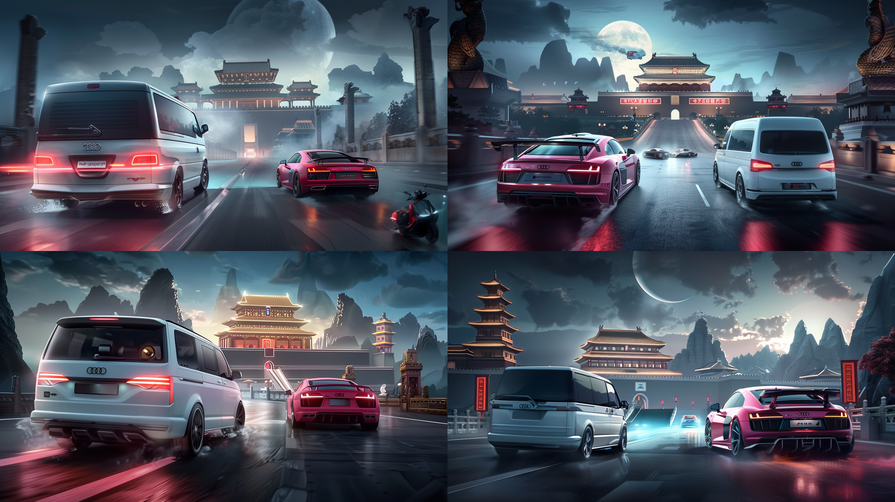 一台面包车急速超过了粉色奥迪跑车，远处是威严的镇妖关紫禁城，高耸入云的城墙，背视效果