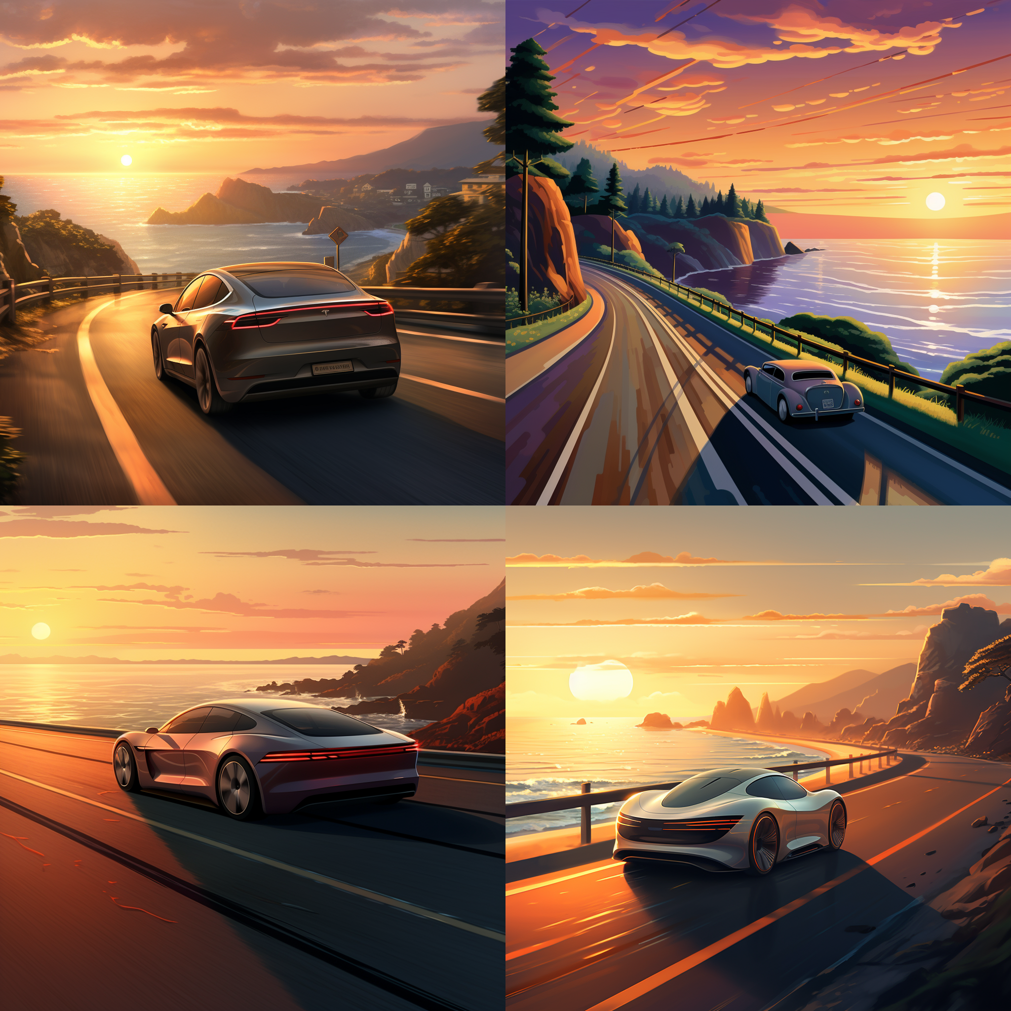 黄昏的阳光洒在海边的道路上，一辆流线型的电动汽车在开阔的公路平稳行驶，其光滑的车身反射着天边的晚霞，细微的风声伴随着它优雅地驶过，公路一侧是茂密的森林，另一侧是无敌海景。