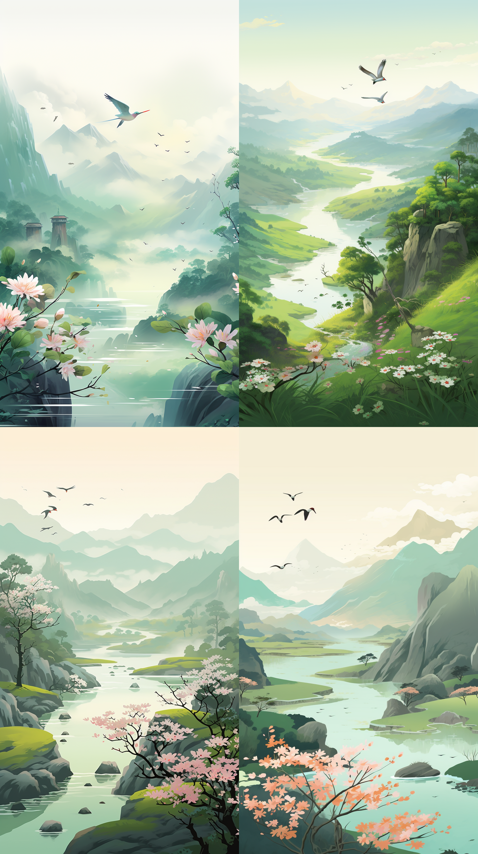 清明节山上的燕子，小溪旁盛开的花朵，春雨洗净大地。插图风格，平面设计，柔和的光线，绿色调，舒适配色，广角镜头，清晨，柔和色彩，温馨，宁静。