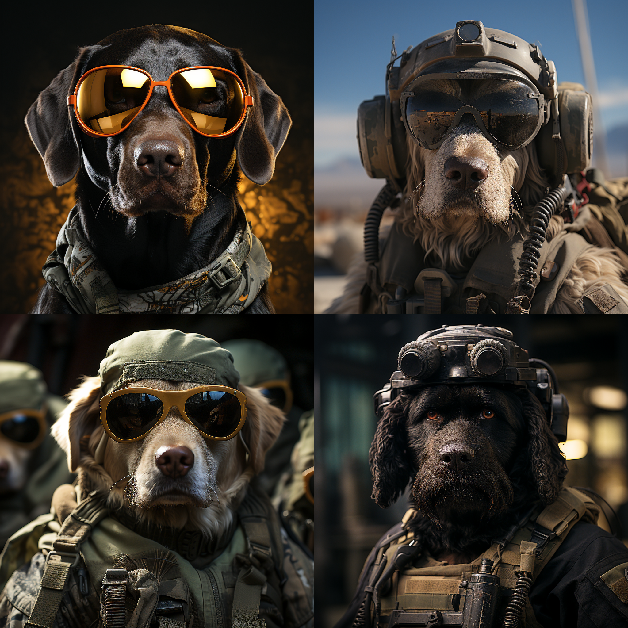 特种部队士兵，拉布拉多脸，手拿武器，表情严肃，戴墨镜