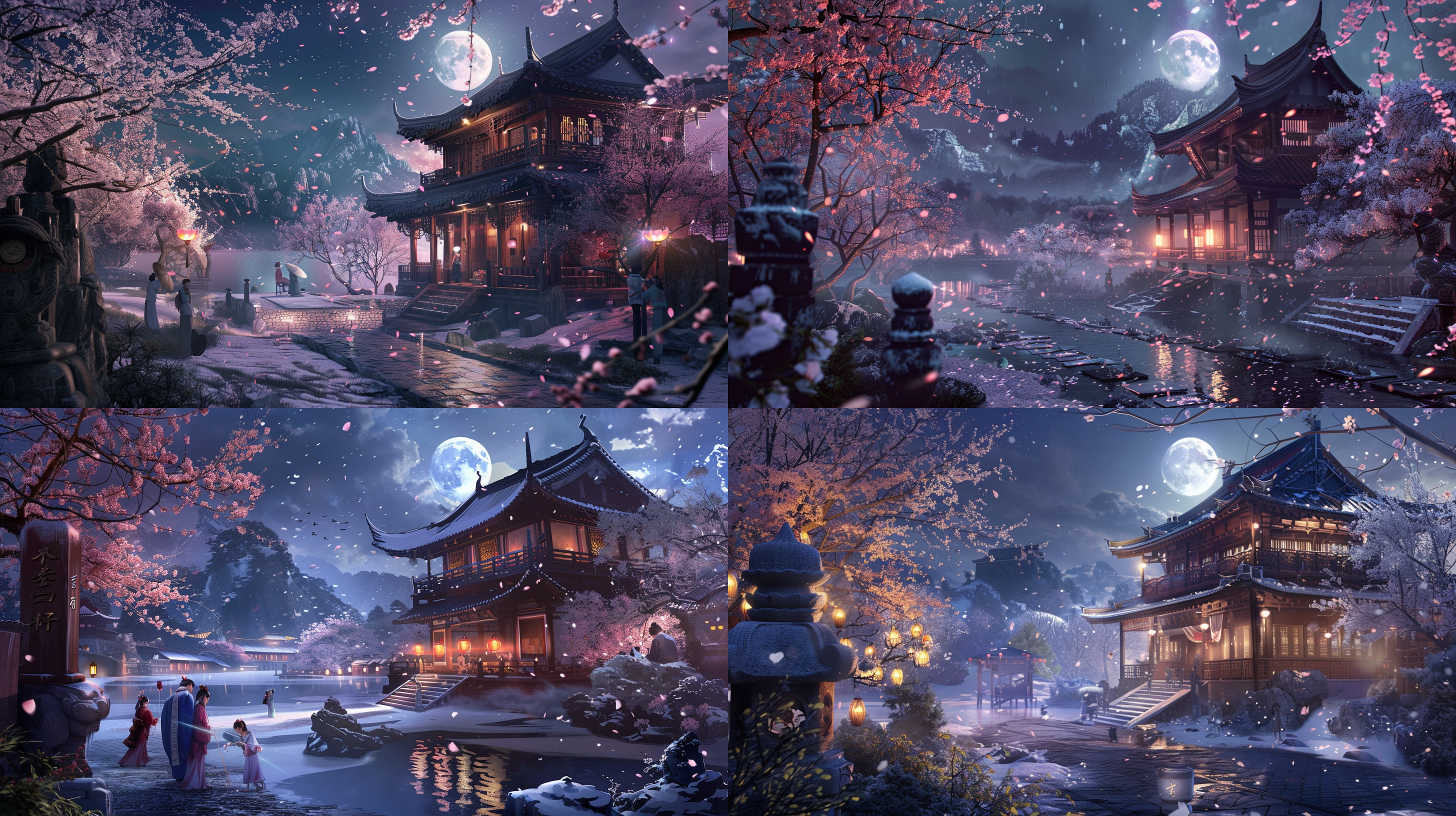 古老祠堂，众人祭祖，月光照耀，白雪中梅花，粉色花瓣飘落，曲径通幽，湖泊夜景，梦幻美丽，8k高清，暖色调，神圣，肃穆。