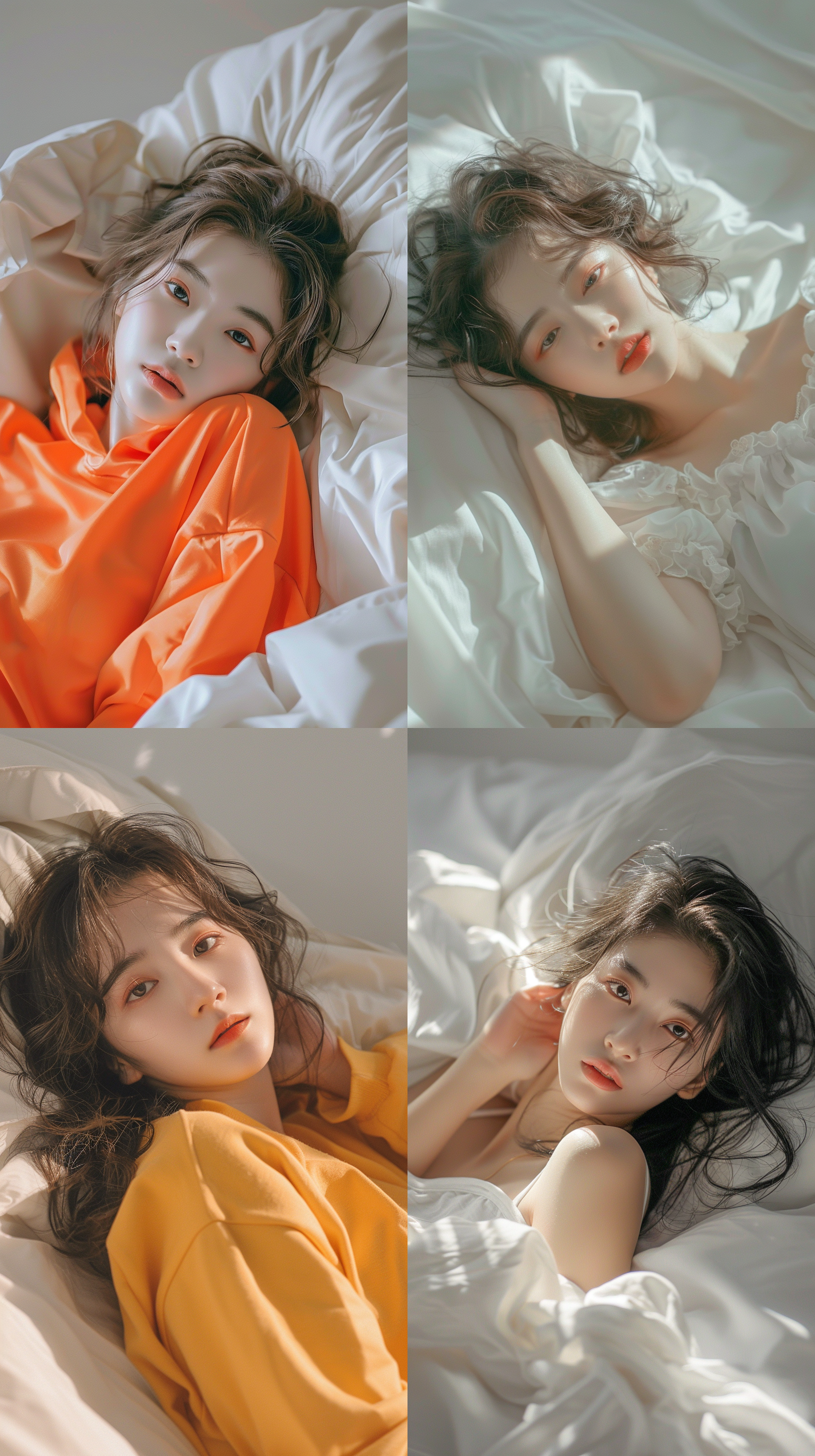 亮色运动装，，白色背景，年轻华裔少女（轻幼女），头身比例1:9，身材比例00.618:1，躺在床上，柔和光线，纱质，侧面角度，温暖色调，柔和表情，优雅，全身，迷离眼神，正脸，波浪，卷发，全身视角，能看到腿和脚部，整个全身视角，精致的五官，