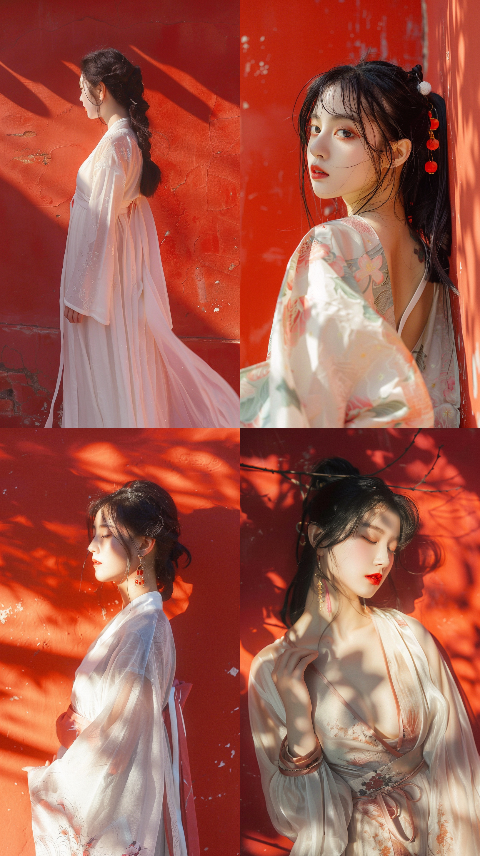 黑色头发亚洲女孩，汉服露 衣，真实照片，清晰细节，红墙背景，快乐阳光，时尚，服装，全身照。 - 虹6 - 外观 1:2 - 放松