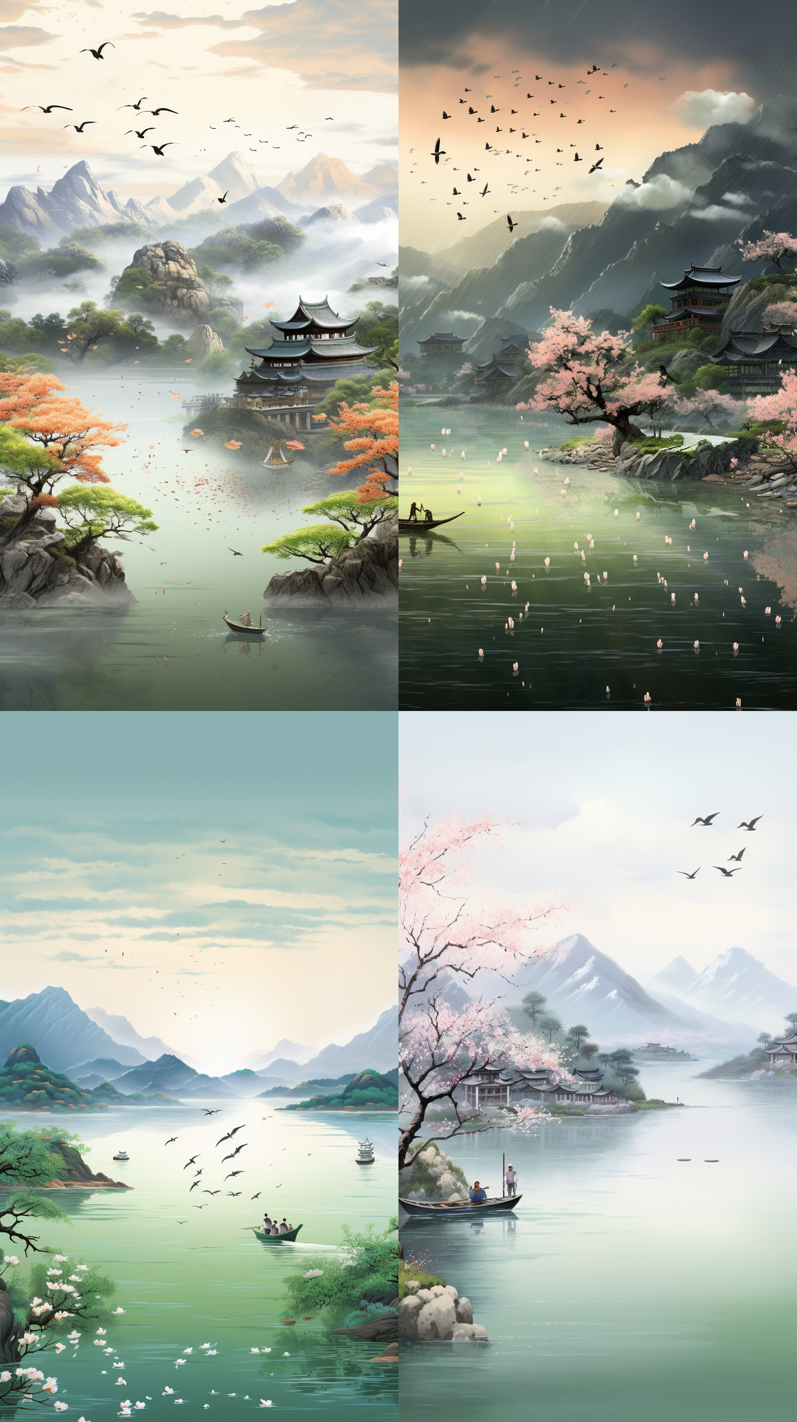 清明节燕子，柳叶为近景，远山有层峦叠嶂，磅礴大雨，杏花，小溪，一艘小船，春天，早晨，大片的云朵，3d立体风格，绿色，舒适的配色，柔和的光线，广角镜头，俯视全景