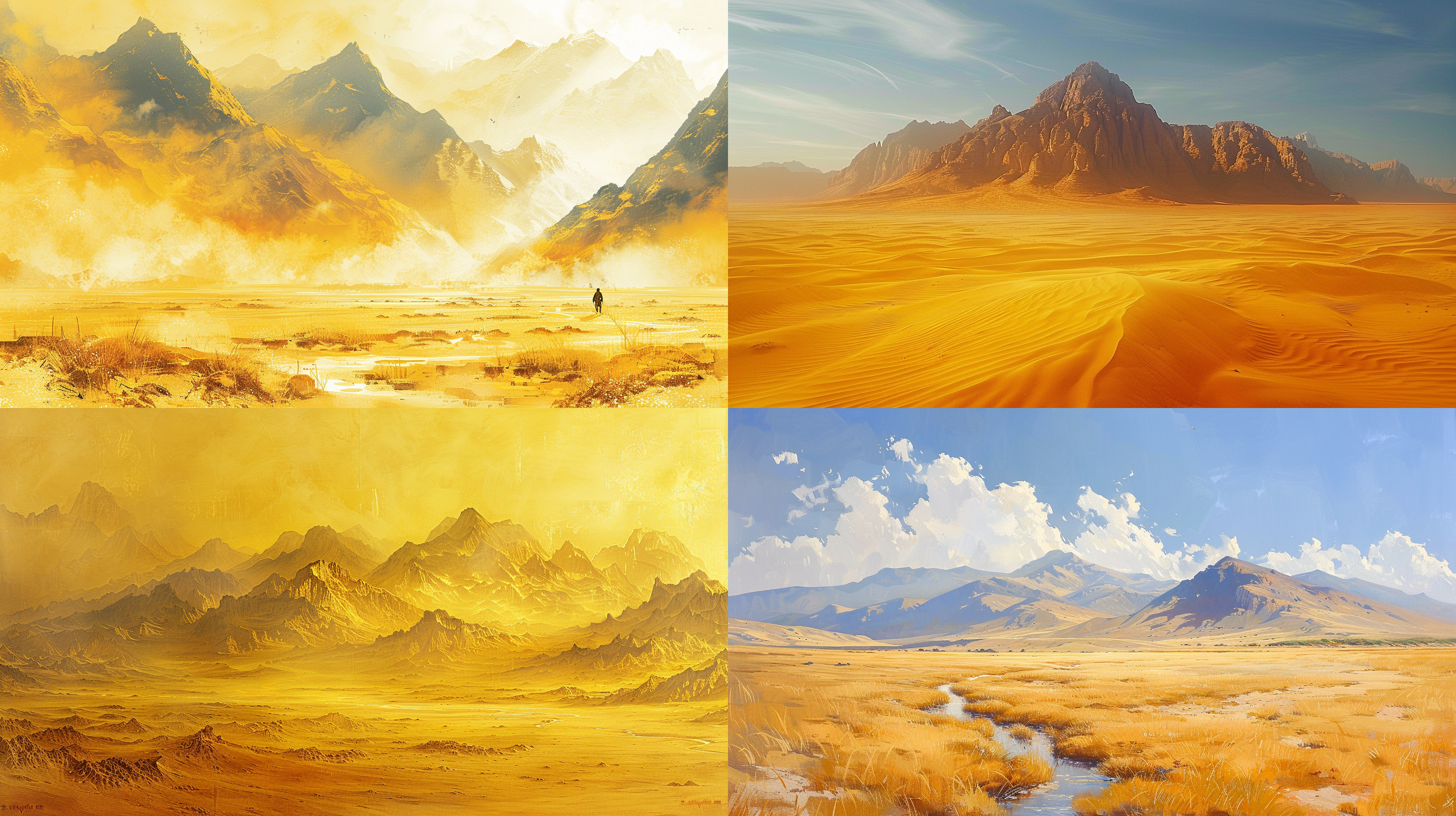 大漠山水图，广袤孤寂，黄沙漫漫，无垠无际，荒凉壮美。远处山脉轮廓，近处小溪流淌，生机灵动。远近大小浓淡对比，层次感和谐统一。黄棕主调，干旱热烈，适当蓝绿清新。唐伯虎细腻雅致笔触，粗犷文人画雅致内涵。考虑大漠地理特征、山水融合、构图色彩运用，融入唐伯虎绘画风格。