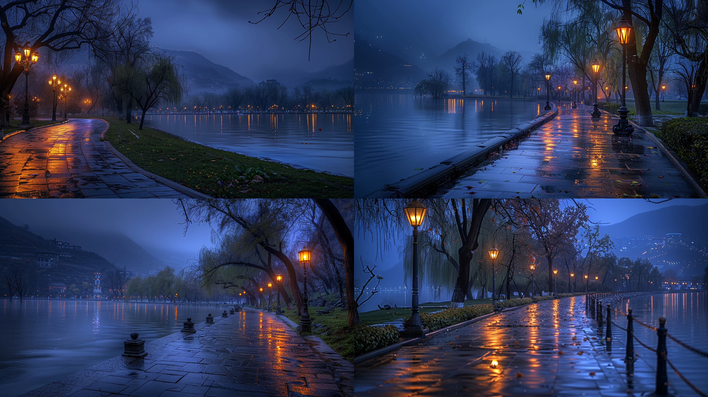 公园夜晚，弯曲跑道，古典路灯，湖泊倒影，树林花朵，高清摄影，幽暗灯光，静谧，神秘，蓝色调。