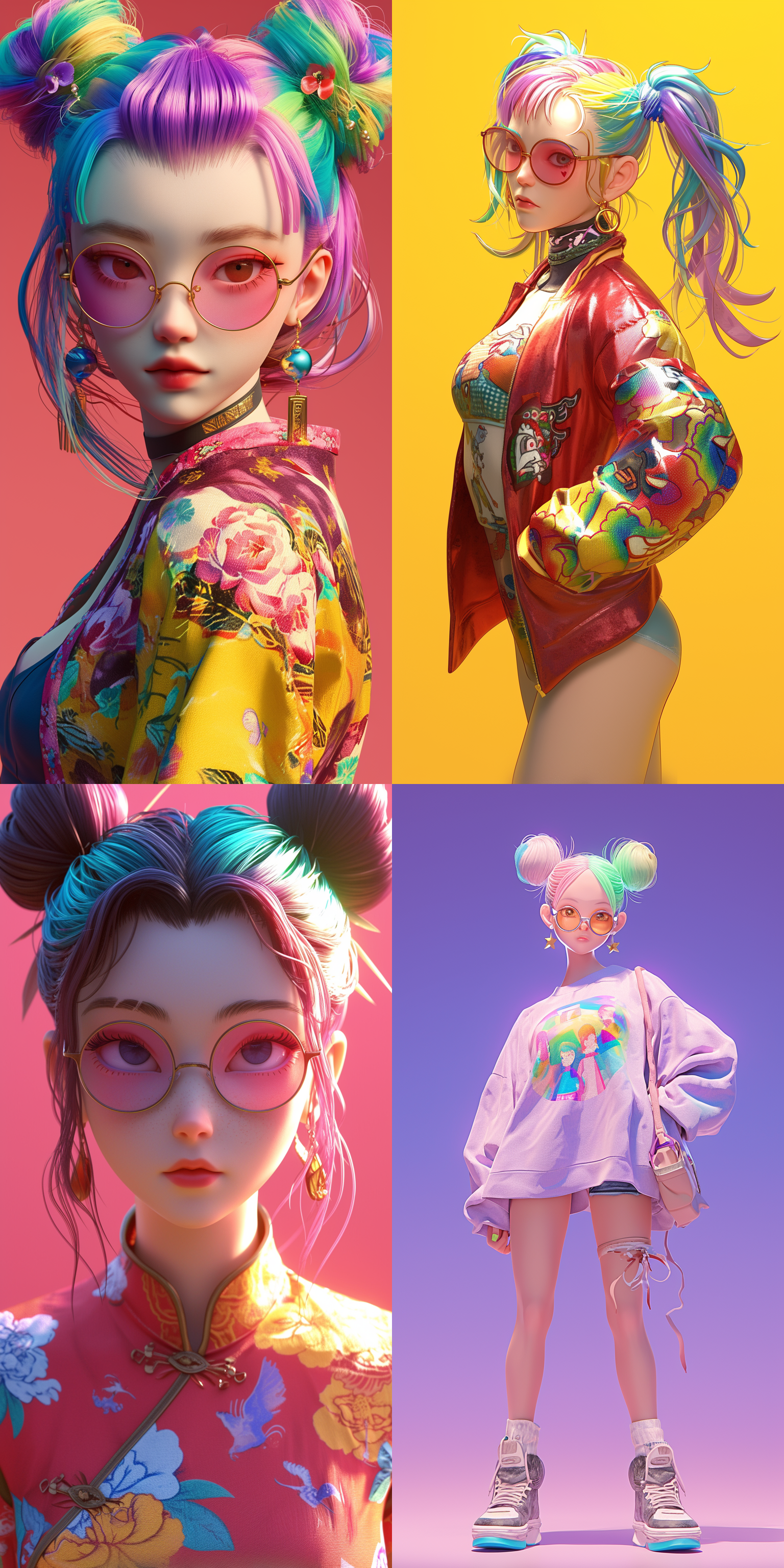 18 year old chinese girl from the 22nd centuryrainbow colored hair, double ponytail, stylishglasses, takashi murakami style, featured on pixivtrending on behance, studio ghibli, 3d, coordinatedcolor scheme,octance render, blender render, frontview, high quality， style reference frank cho