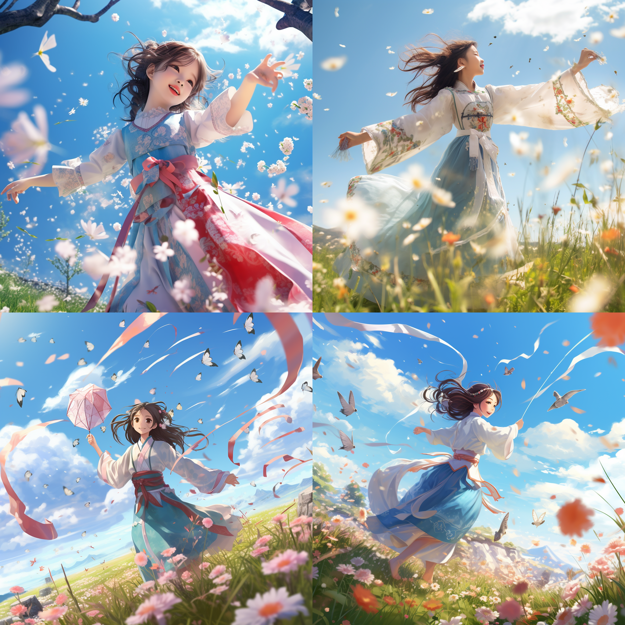小女孩穿着汉服，草坪上放风筝，悠闲自由。草坪上长满了鲜花，花海一片。镜头使用广角镜头，捕捉到了整个场景。天空湛蓝，阳光明媚，给人一种宁静和愉悦的感觉。