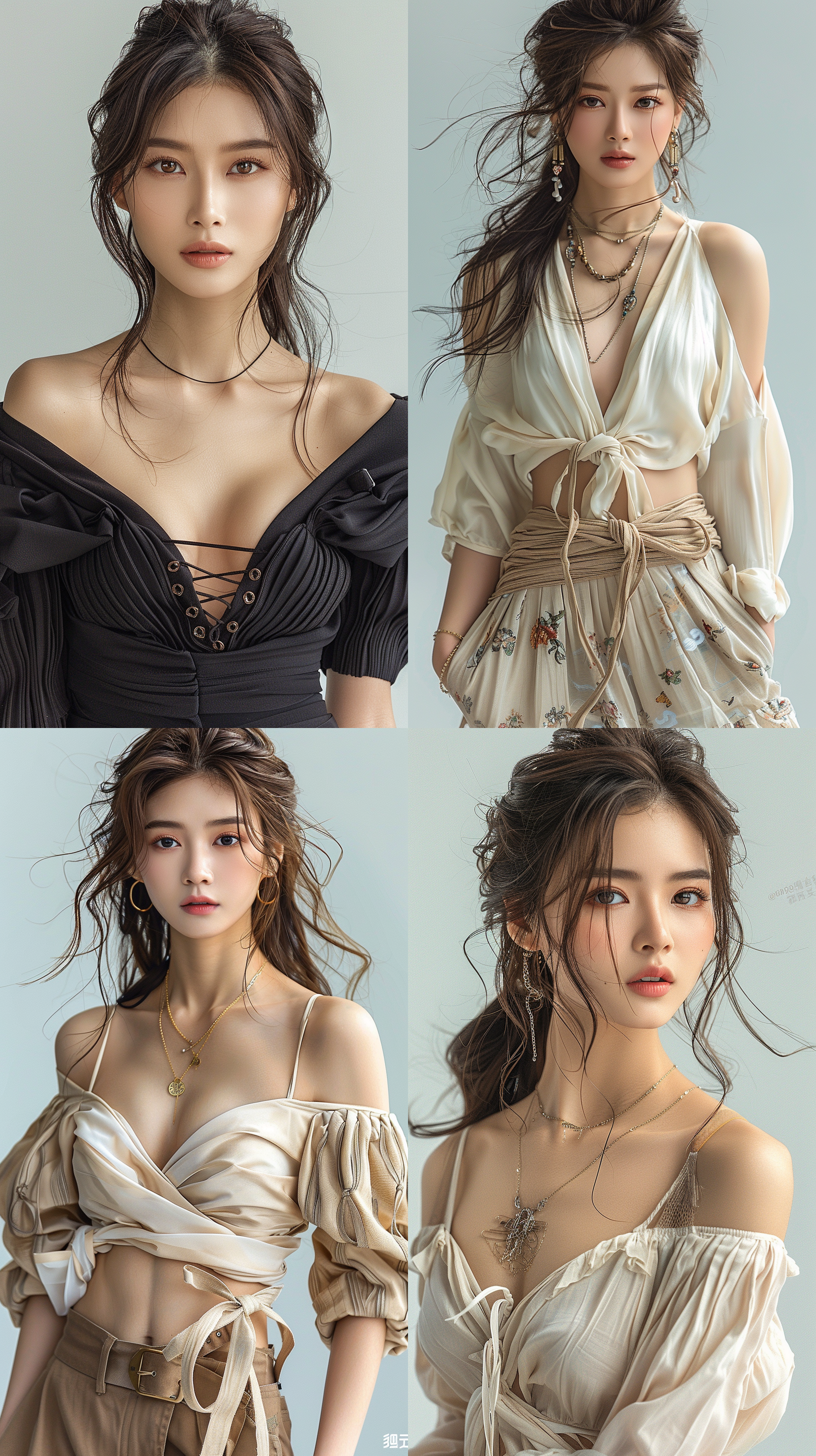 参考图片，亚裔女性，白色背景，精致脸庞，全身，凹凸身材，模特，极致比例，轻熟女，时尚，学生女郎