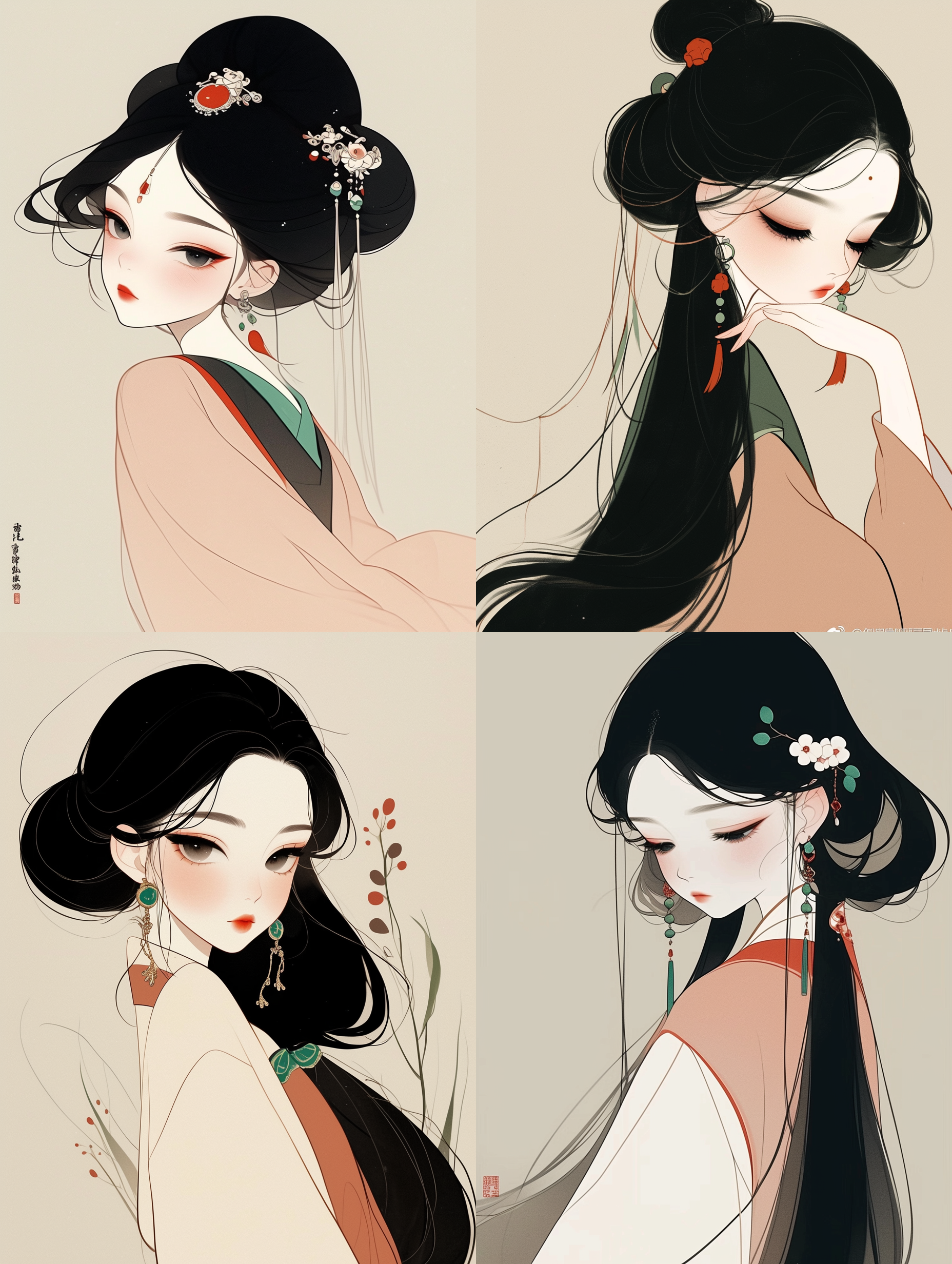 a gongbi painting of a 5 years old black long hair chinese qing dynasty girl wears pink hanfu, tangled jewelry, round face, extremely minimalism portrait, geometric shapes, matte light yellow background, in the style of crisp neo-pop illustrations, animated gifs, dolly kei, cartoon-like characters, close-up, head view, bold, cartoonish lithographs