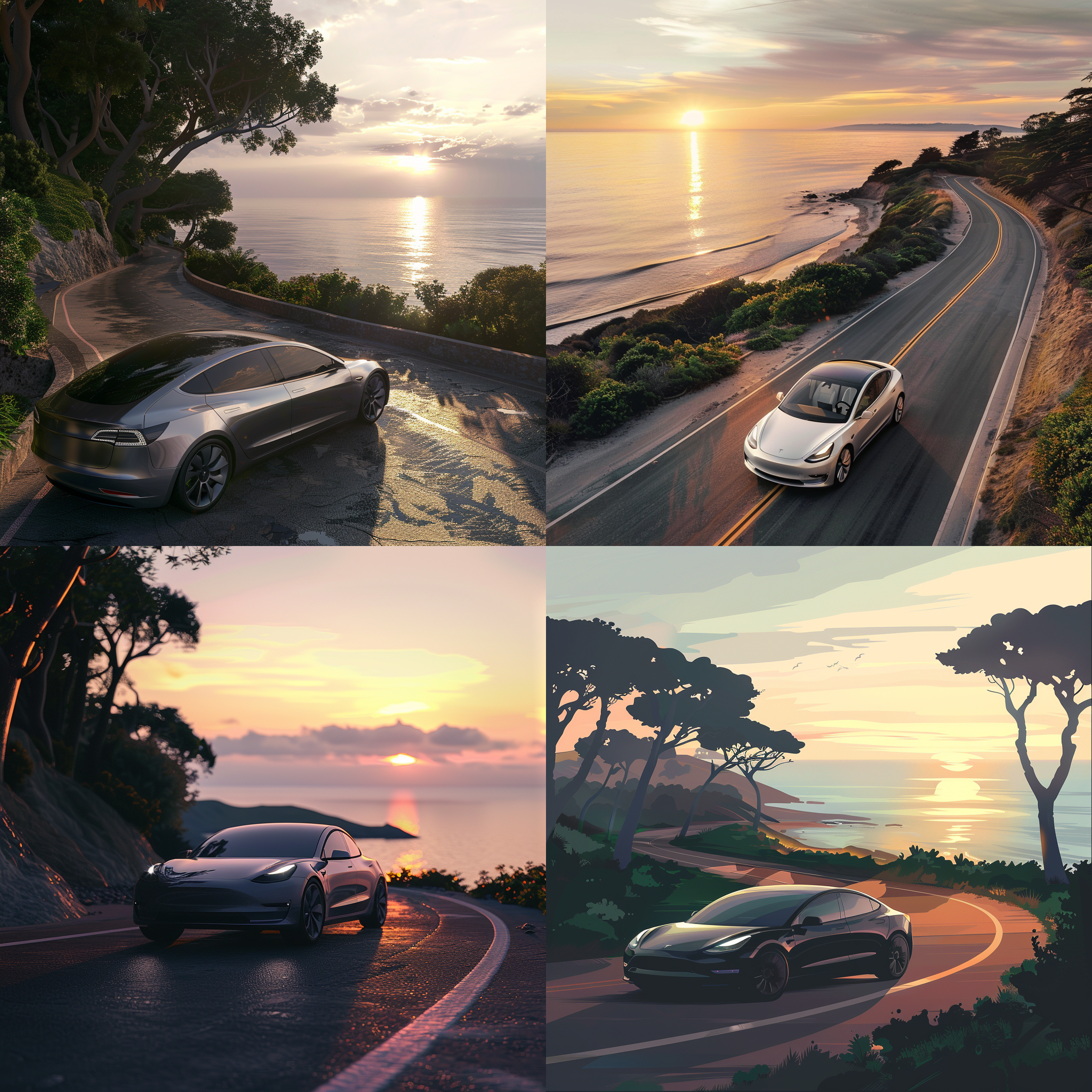 黄昏的阳光洒在海边的道路上，一辆流线型的电动汽车在开阔的公路平稳行驶，其光滑的车身反射着天边的晚霞，细微的风声伴随着它优雅地驶过，公路一侧是茂密的森林，另一侧是无敌海景。