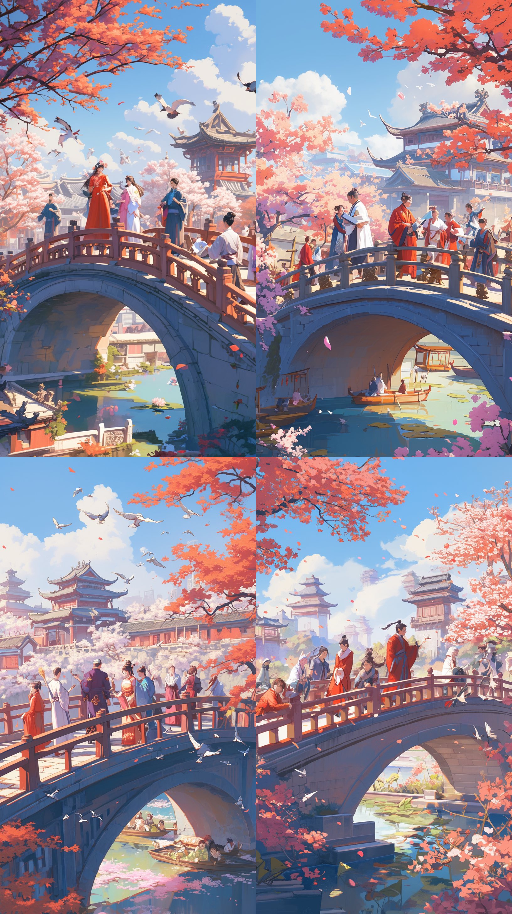 清明踏青，古桥上的人们在踏青赏花，古朴风格，自然光，远景构图，明亮色彩，欢乐，春天气息。