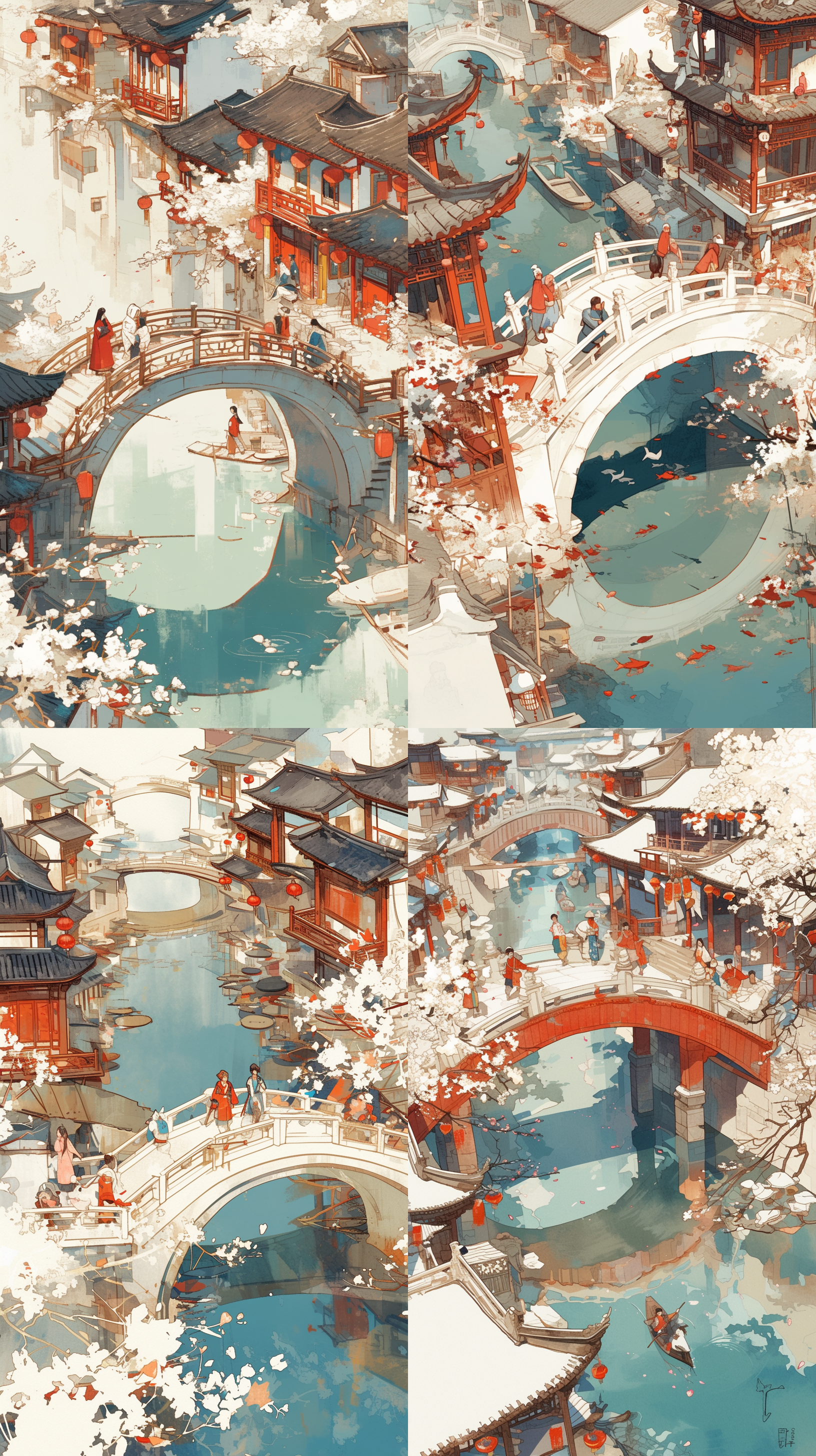 清明踏青，古桥上的人们在踏青赏花，古朴风格，自然光，远景构图，明亮色彩，欢乐，春天气息。