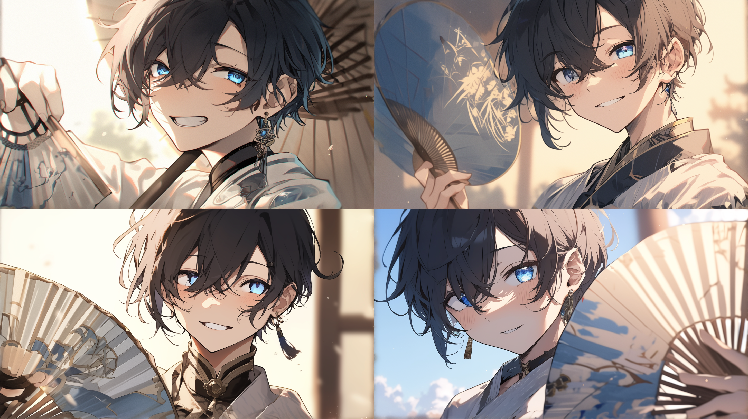 男主拿着扇子，对着我笑