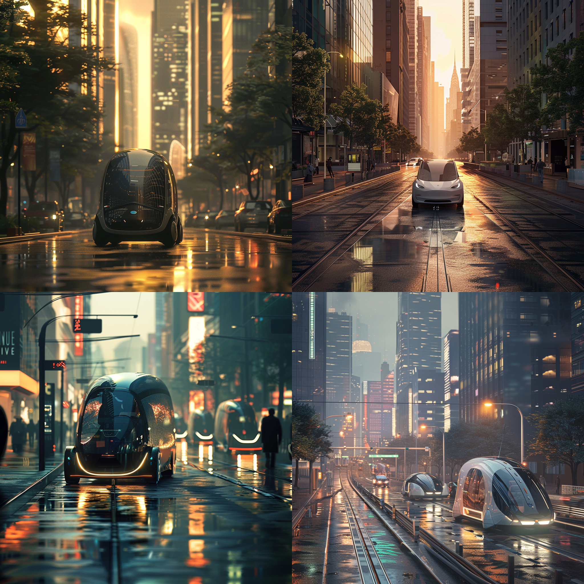 电动汽车穿梭，城市街道，朝霞反射，流线型车身，轮胎接地，风声，未来城市，清晨光线，环保，科技感。