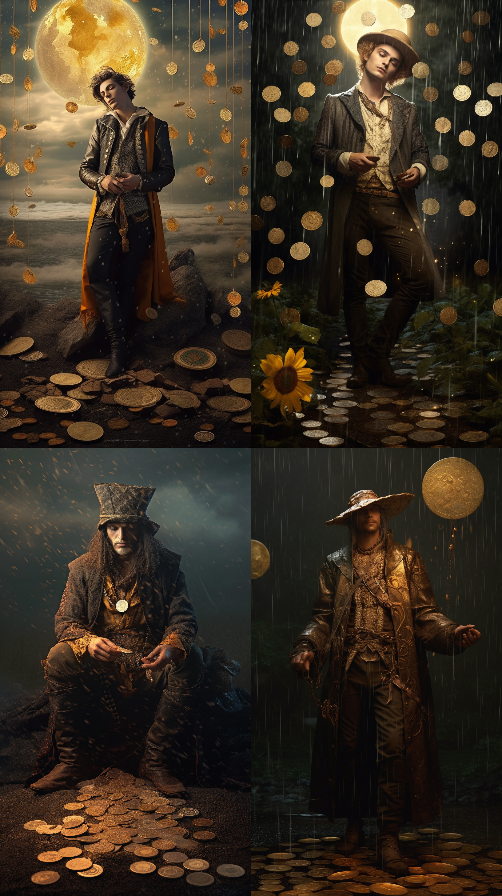 塔罗牌愚人，男性，日月，金币，雨，地面金钱，古典风格，侧逆光，自然光，大气景观，色彩丰富，神秘感。