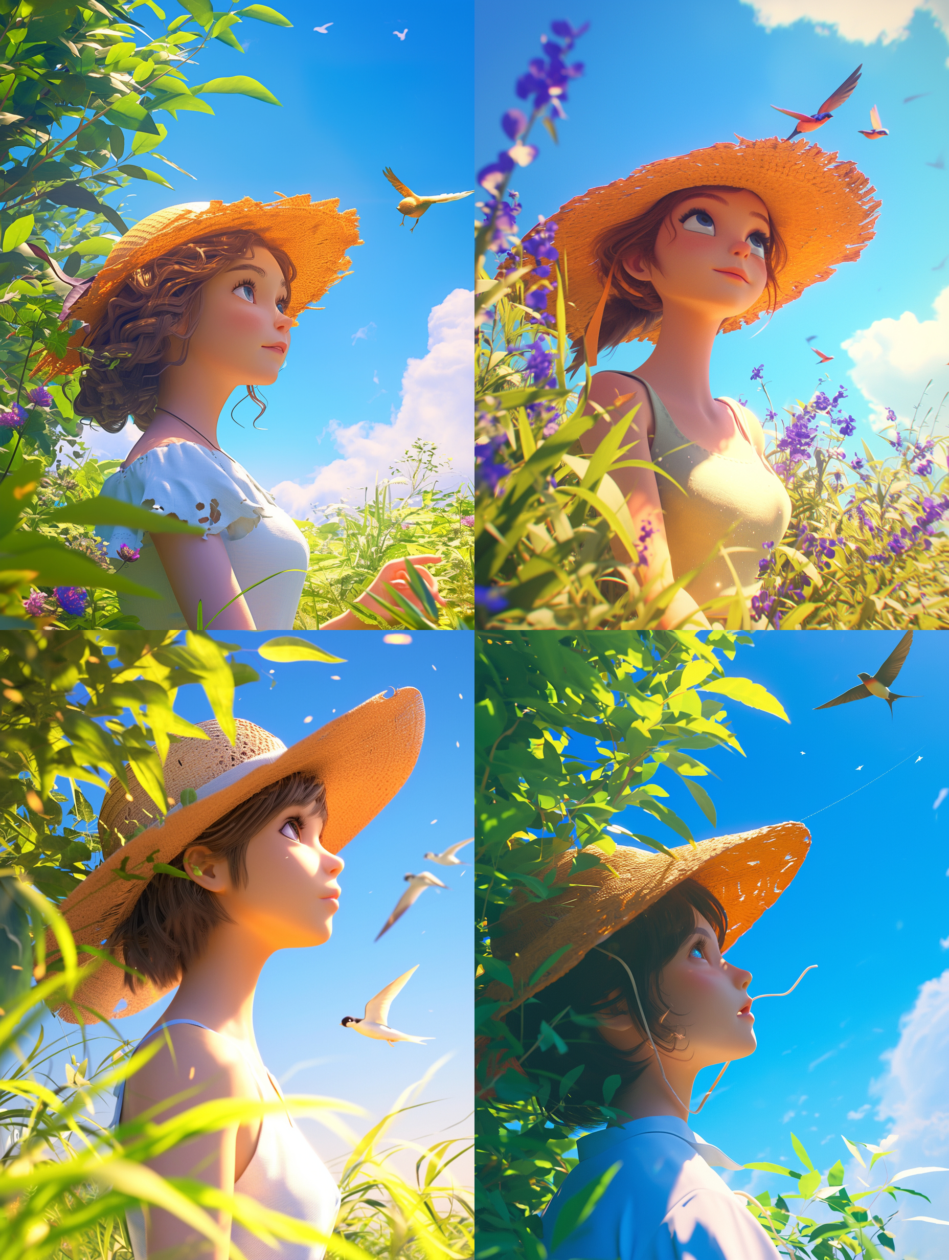disney style，girl with orange straw hat lookingto the sky,green plants and flowers, delicate features, ribbon flying, swallow, cartoonip, 3d art, blender rendering, early morning sunshine, blue skyand white clouds, octane render, hd 8k, high quality
